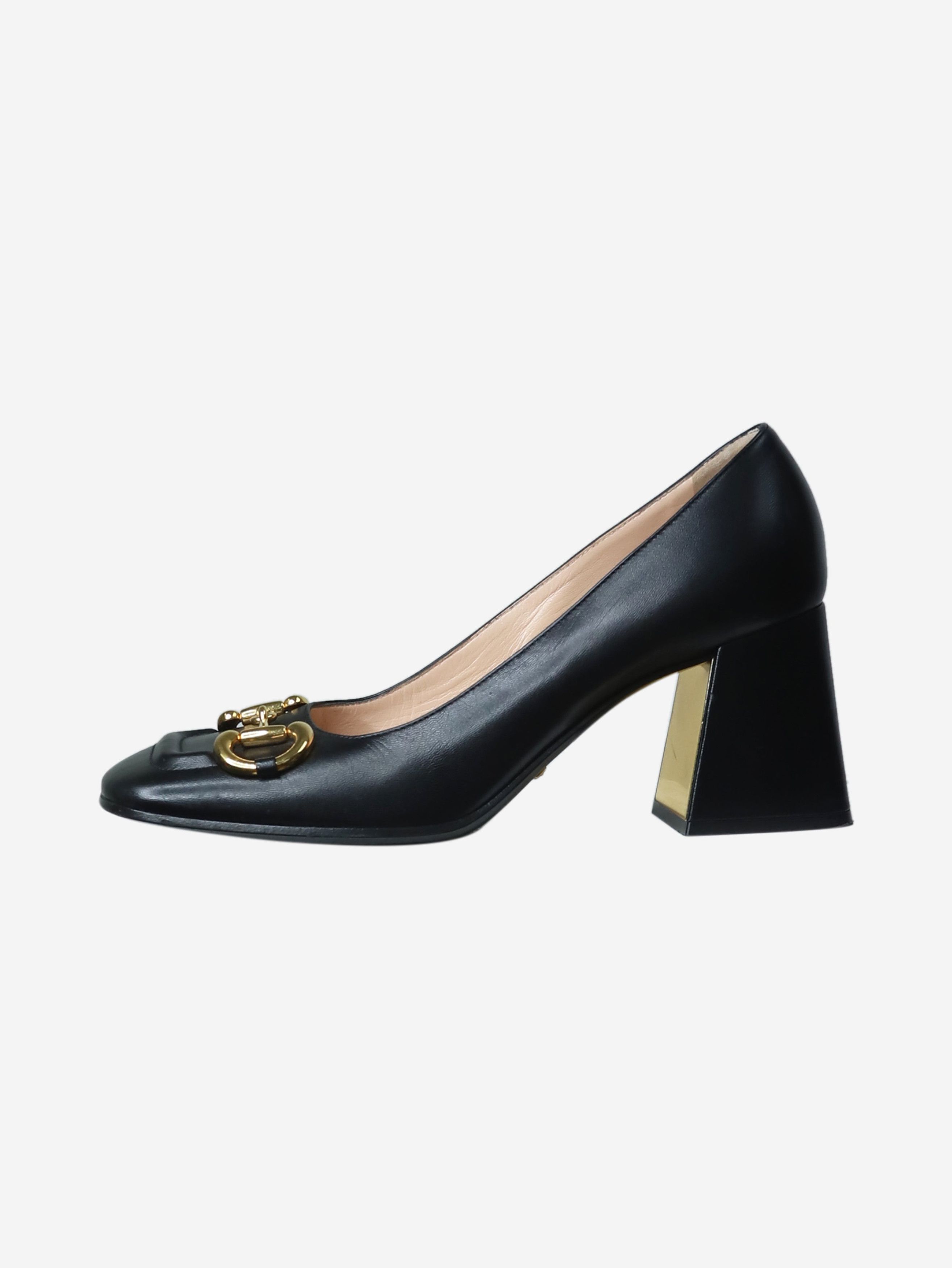 image of Gucci Black Princetown Buckle Square Toe Heel Shoes - Size Eu 38.5, Women's