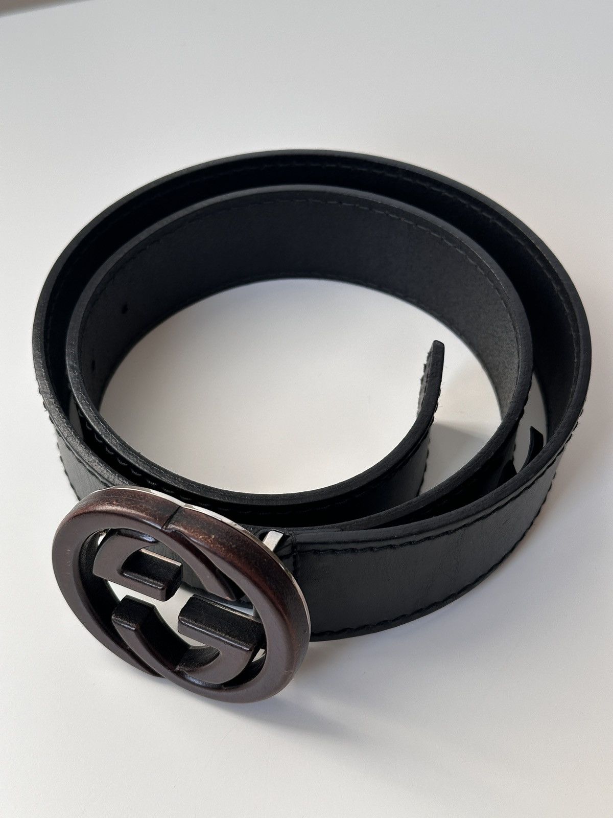Gucci GUCCI Wooden Brown Buckle Leather Double GG Belt Size: 85/34 Size 30 - 4 Thumbnail