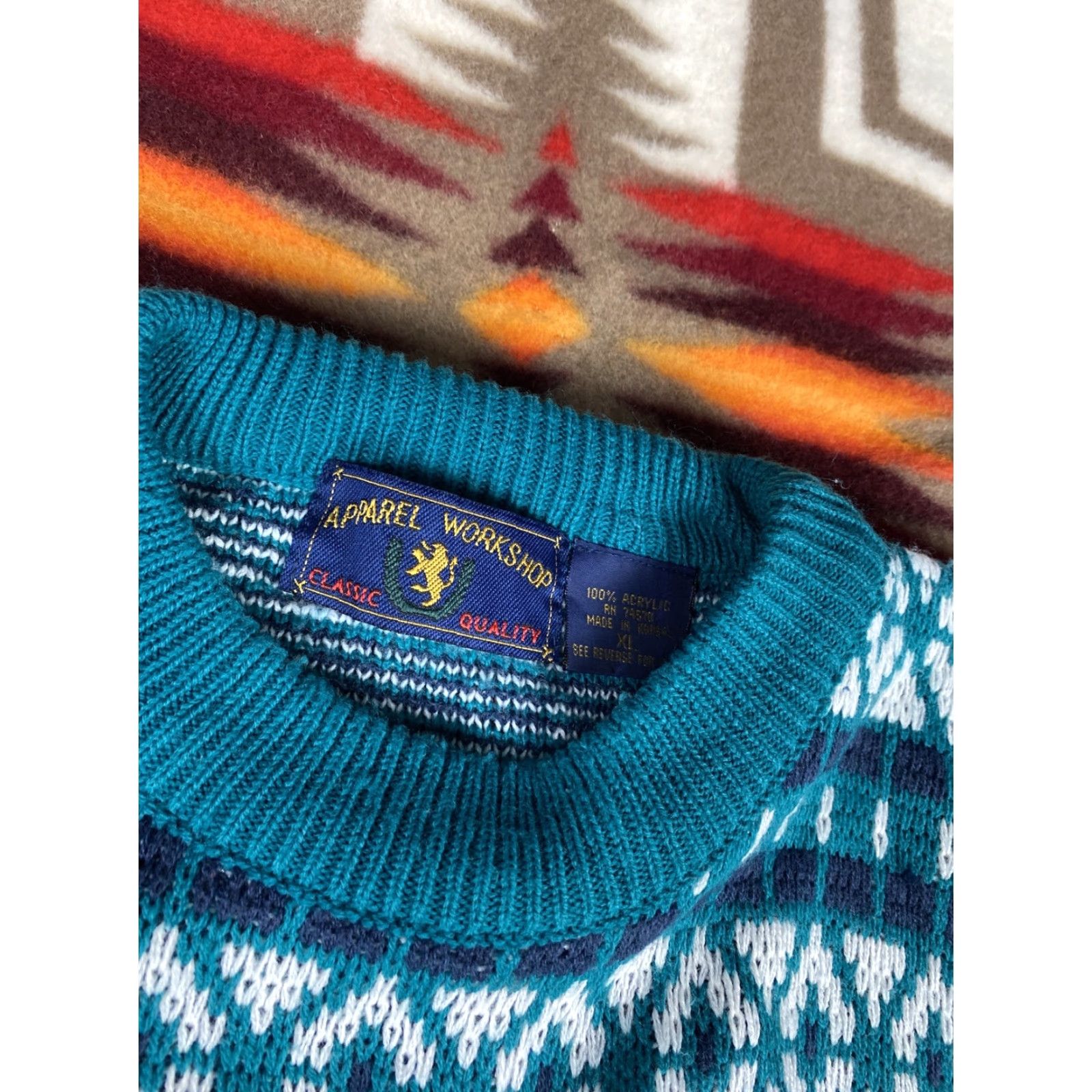 AQUA VINTAGE Apparel Workshop Acrylic Sweater Crewneck 90s Print Mens XL Aqua Crew Neck Pullover Blue 90s Mens Size US XL / EU 56 / 4 - 3 Thumbnail
