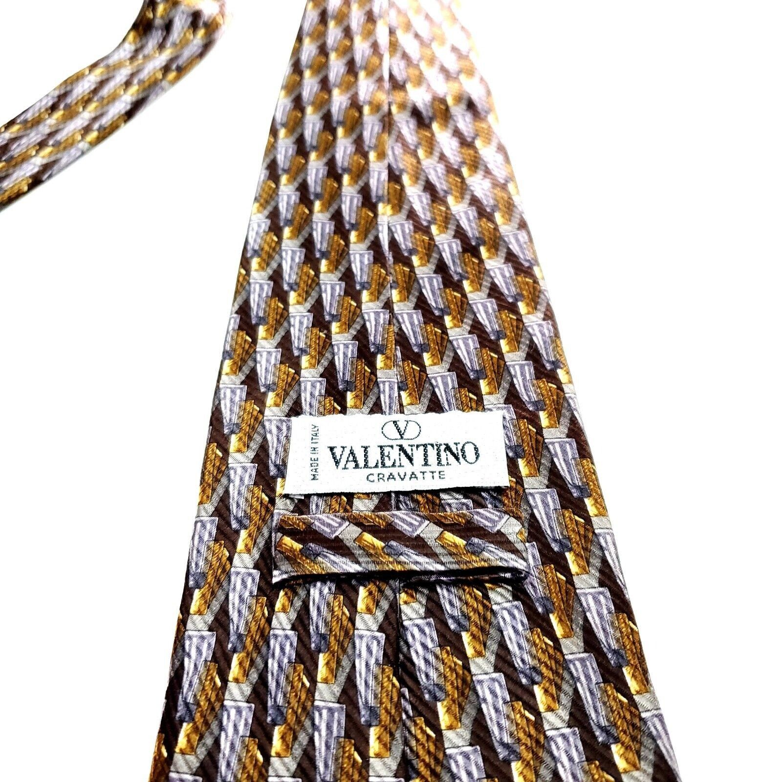 Valentino Valentino Grey & Gold Silk Tie Woven Short Wide Motif Satin Size ONE SIZE - 6 Thumbnail