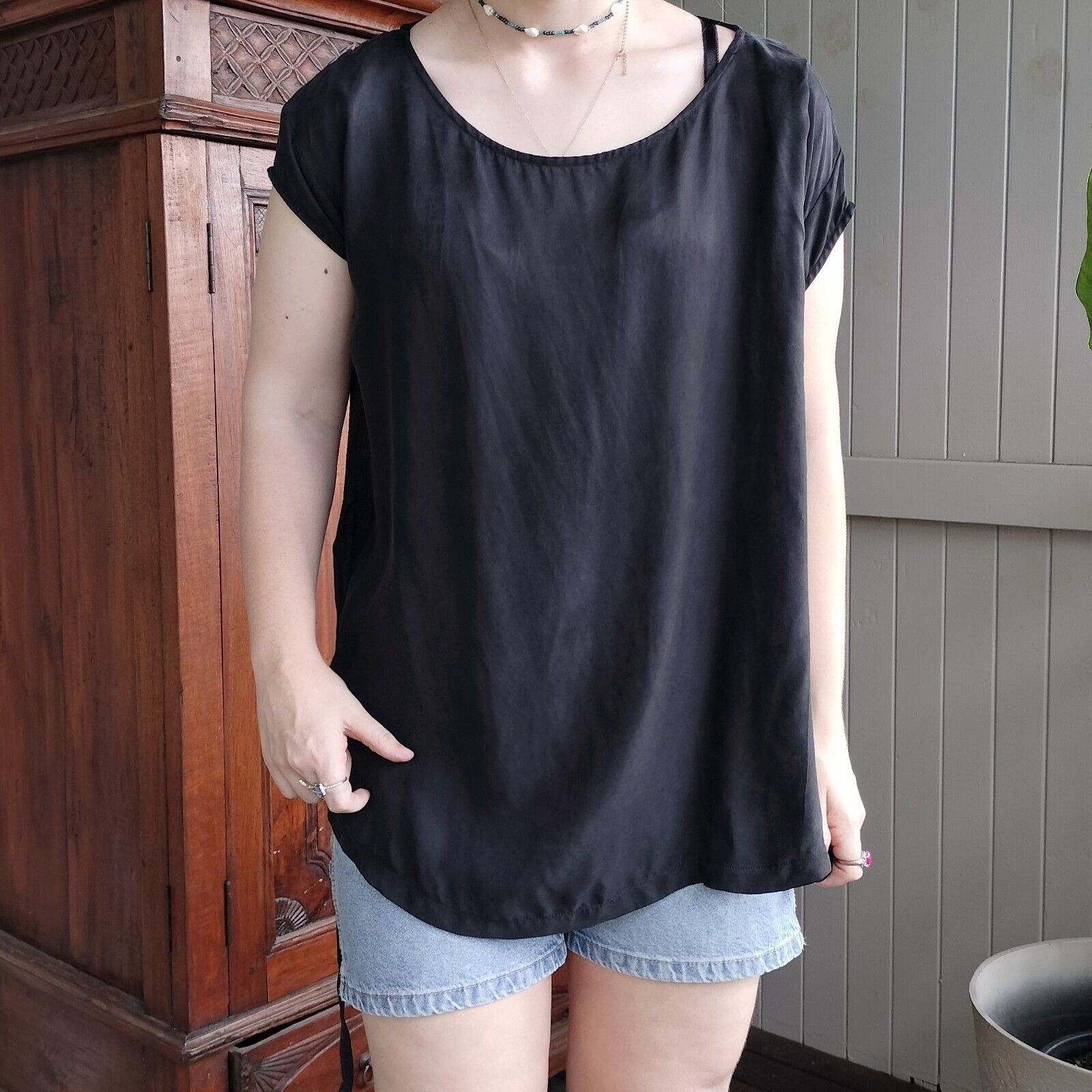 Japanese Brand Paqoda Blouse Short Sleeve Pleated Faux Suede Tie Waist Size ONE SIZE - 4 Thumbnail