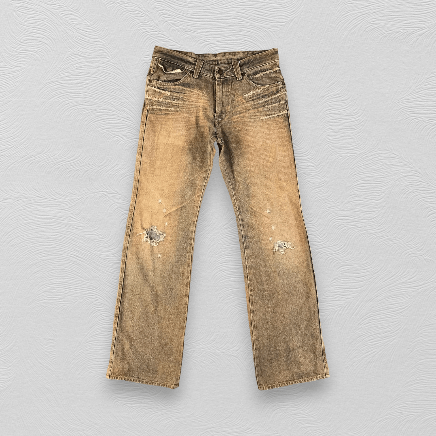 image of Distressed Denim x Vintage Bartack Jeans Earth Tone Flare Denim Kj1851 in Faded, Men's (Size 30)