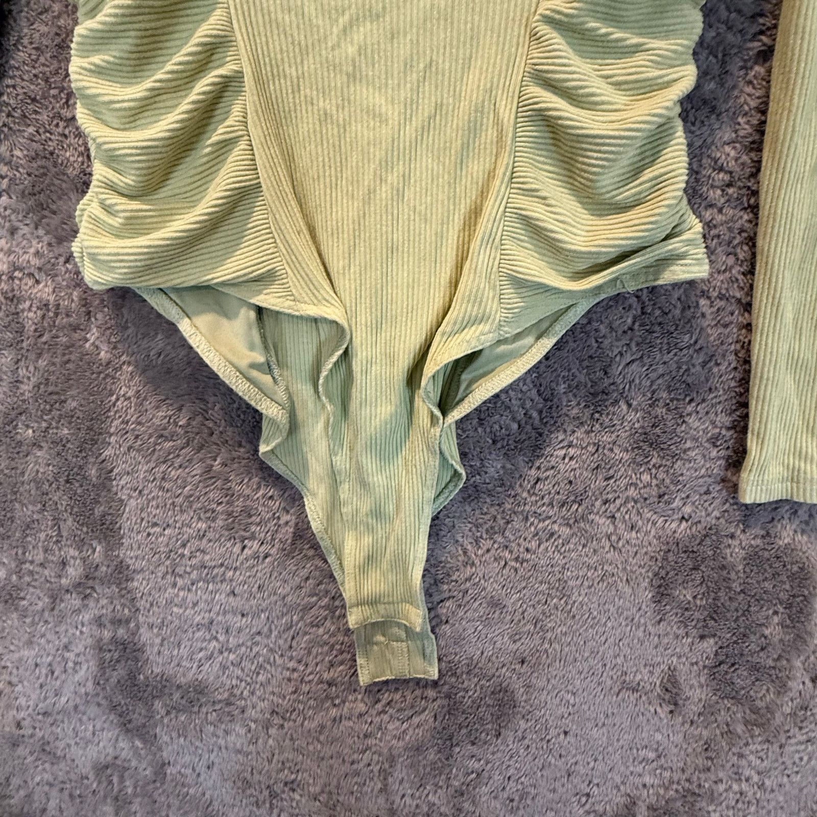 Other Saints Secrets Green Ribbed Shirred Bodysuit Long Sleeve Top Size L / US 10 / IT 46 - 3 Thumbnail