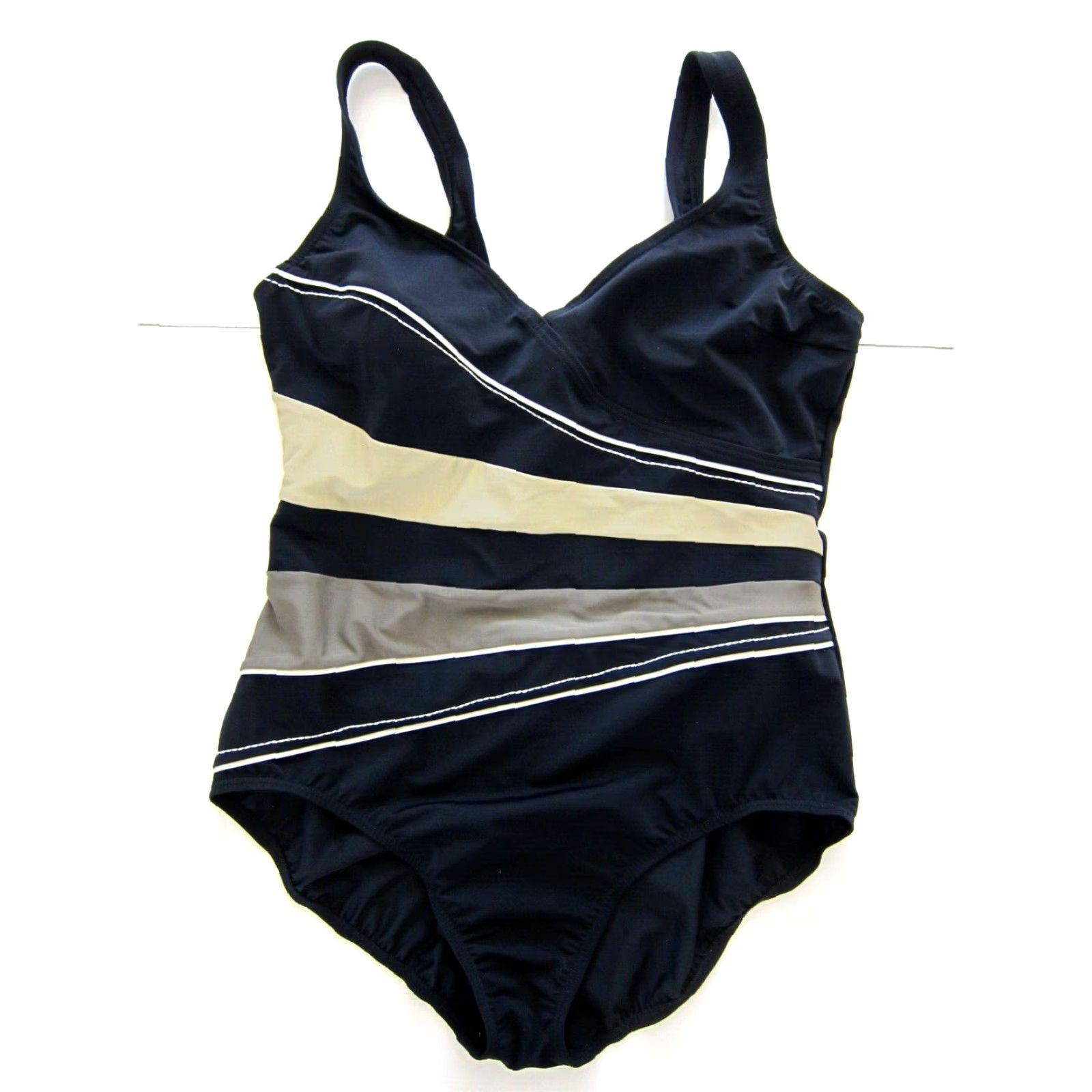 Vintage Fantasizer Black Brown Stripe Slimming Built In Bra One Piece Swimsuit 16 Size ONE SIZE - 7 Thumbnail