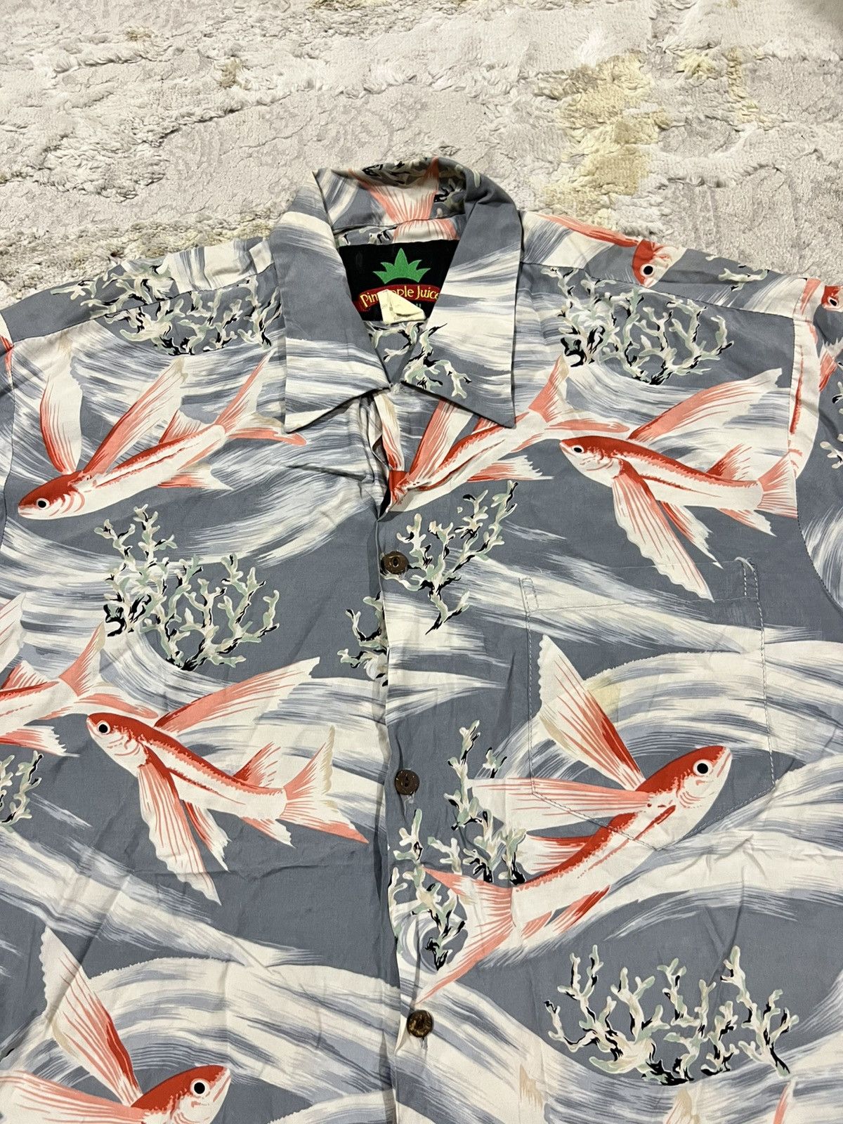 Vintage Vintage 70s "Flying Fish" Pineapple Juice Rayon Hawaii Shirt Size US L / EU 52-54 / 3 - 2 Thumbnail
