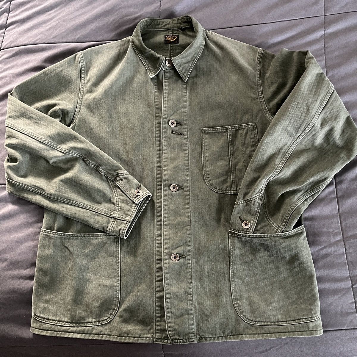 image of Orslow X Canoe Club Olive Herringbone Chore Coat in Green, Men's (Size Medium)