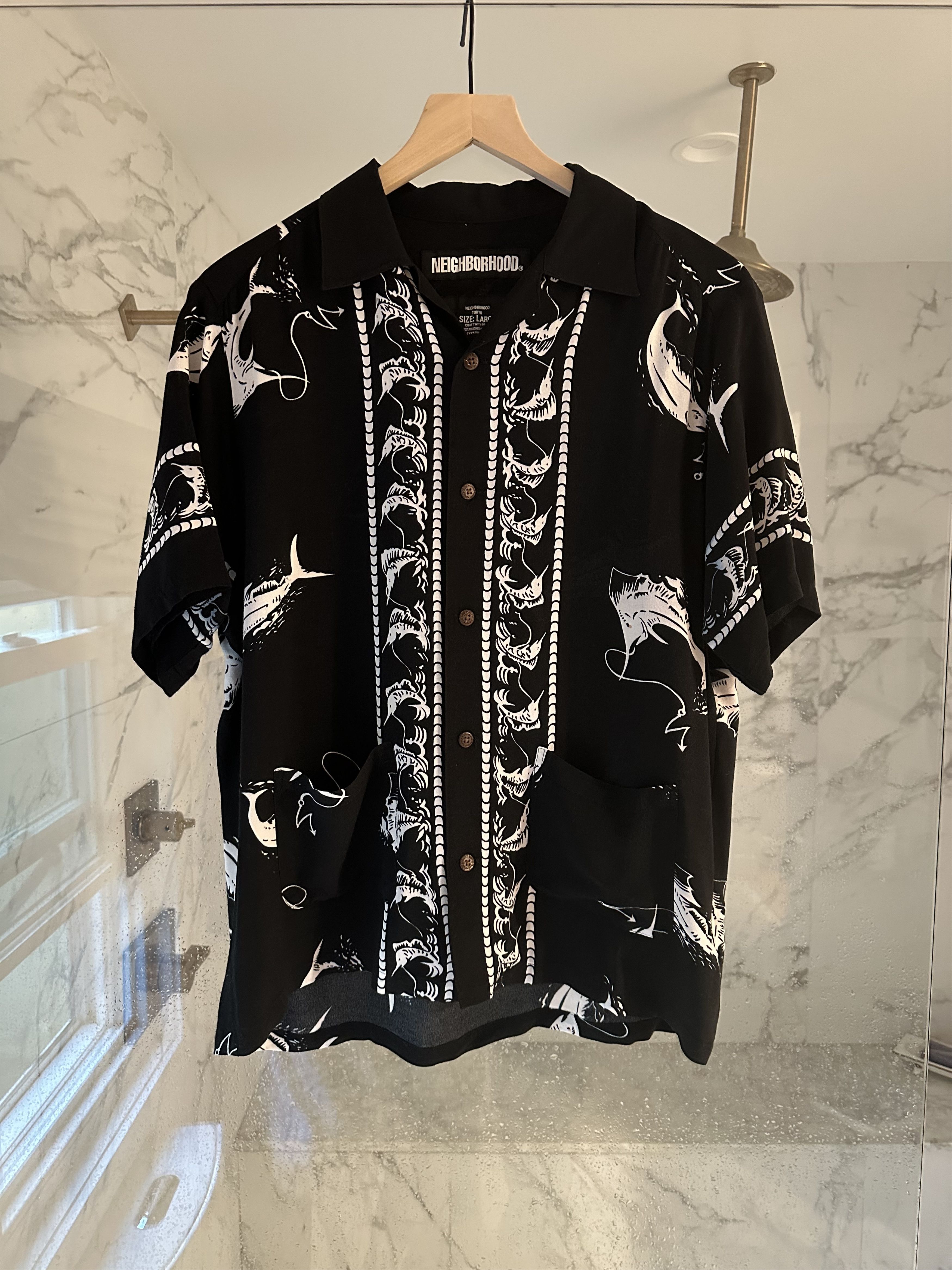 image of Neighborhood Aloha Hawaiian Swordfish Shirt in Black, Men's (Size Large)