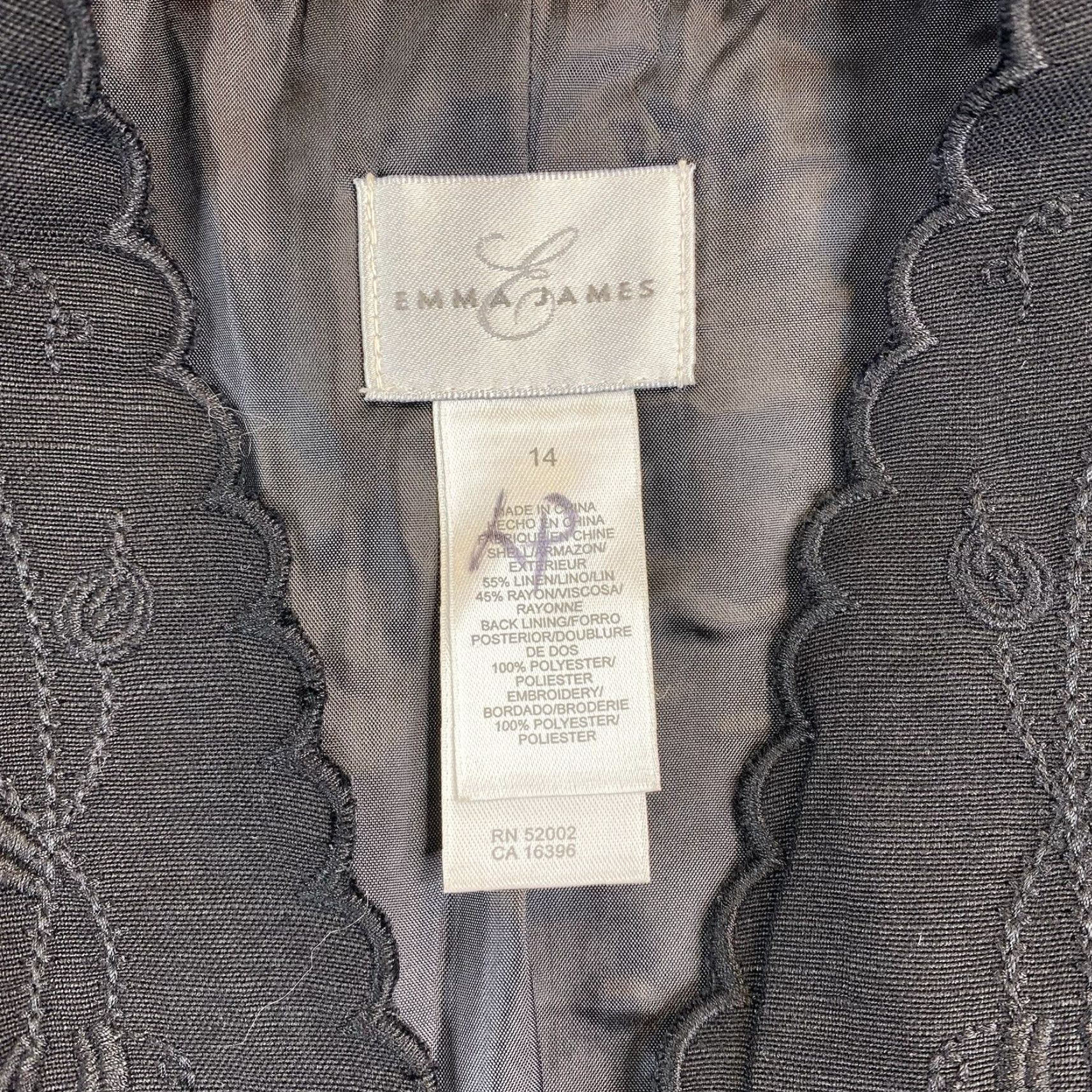 Vintage EMMA JAMES Blazer Womens 14 Black Embroidered Linen Button Up Lined V Neck NWT Jacket Size XL / US 12-14 / IT 48-50 - 3 Thumbnail