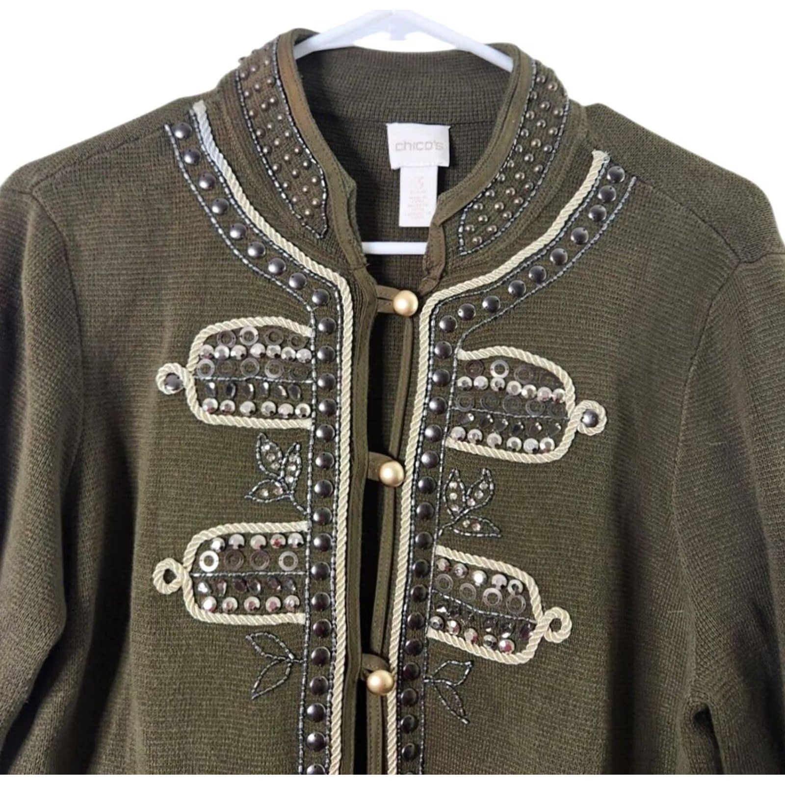 Vintage Chicos Women's Sweater Cardigan 3/4 Sleeve Petite Olive Green Embroidered Beaded Size XS / US 0-2 / IT 36-38 - 3 Thumbnail