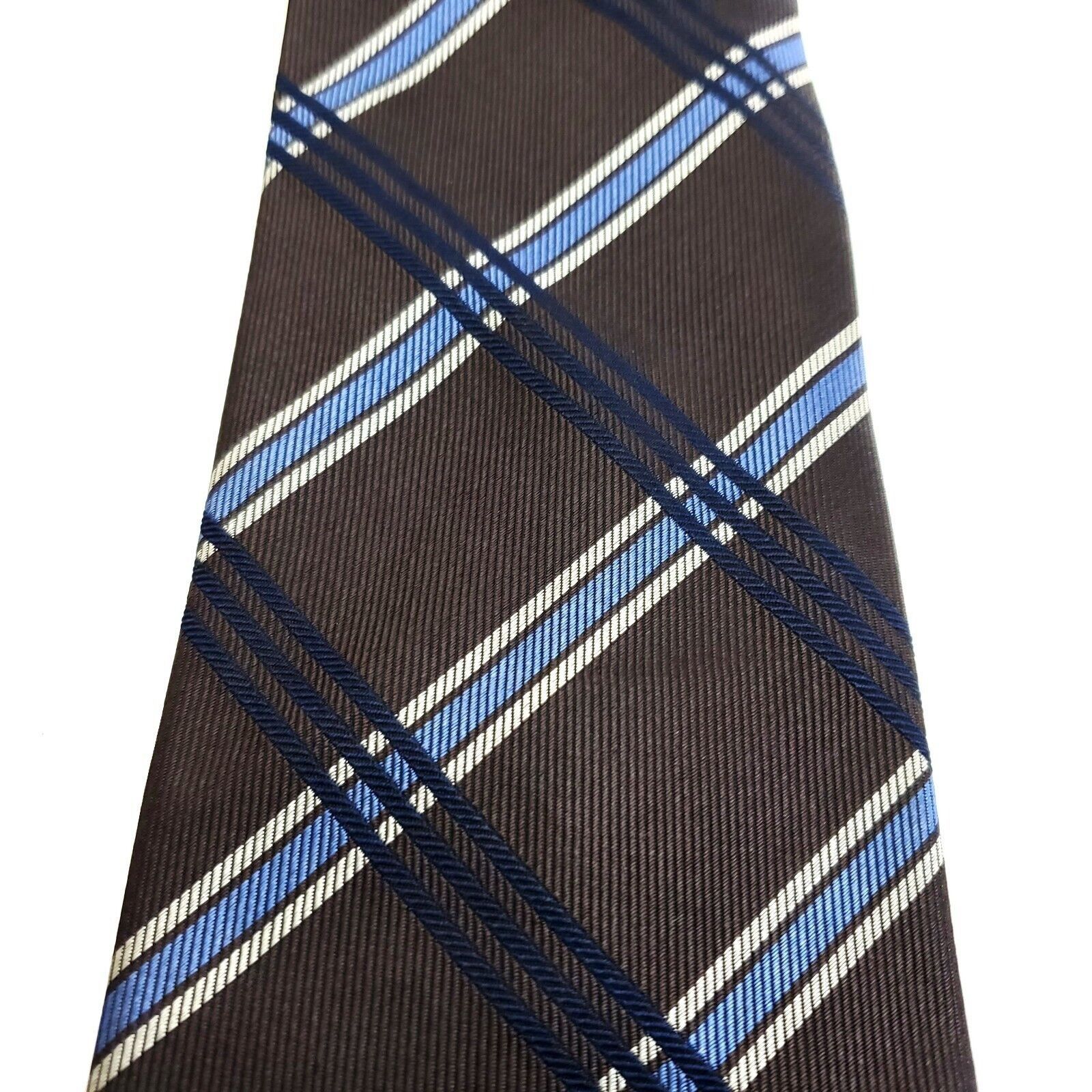 Savile Row Alexandre London Savile Row Brown Blue Plaid Woven Silk Tie Size ONE SIZE - 2 Thumbnail
