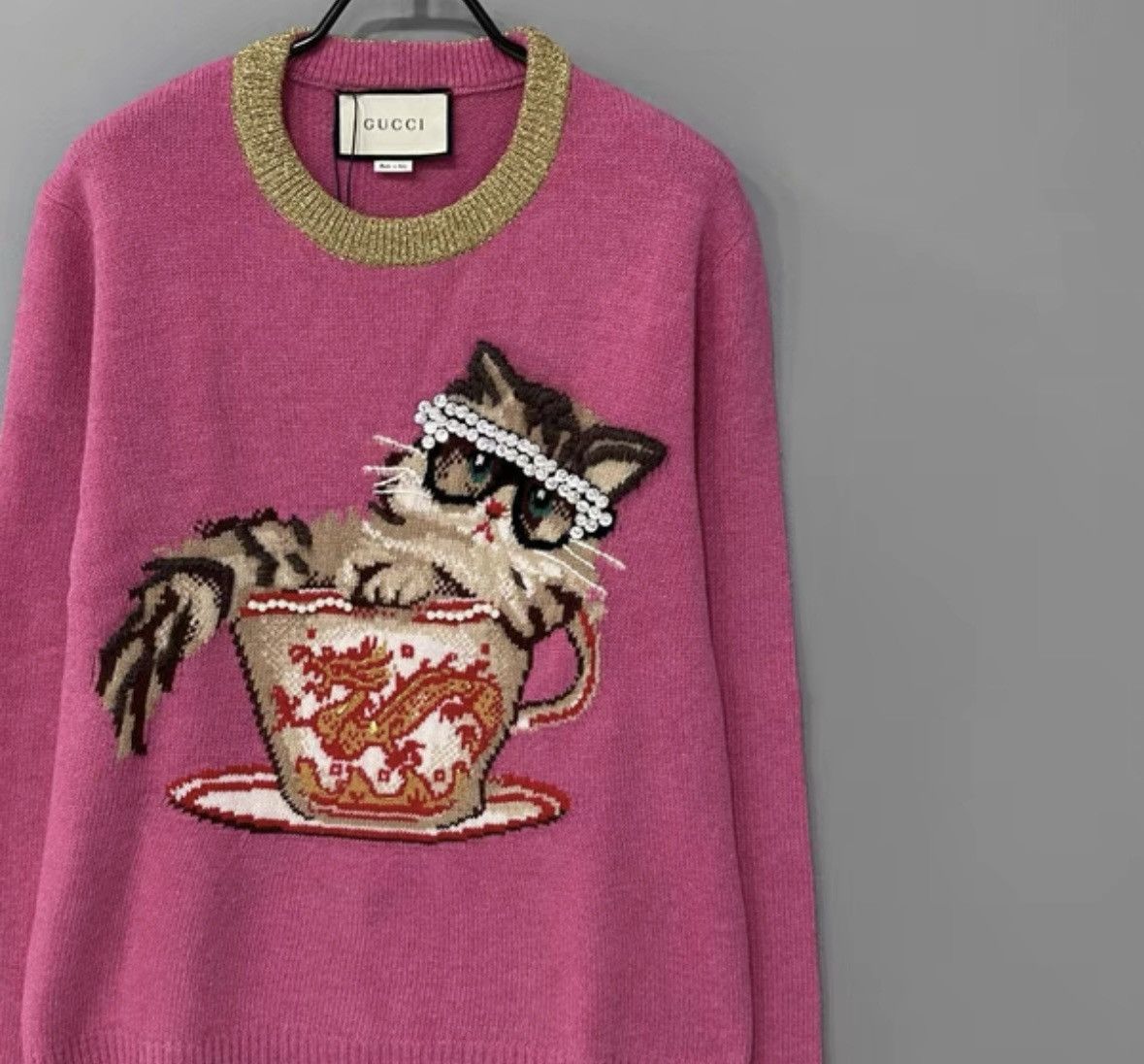 Gucci Pink Cat Embroidered Wool Long Sleeve Sweater-2505 Size S / US 4 / IT 40 - 3 Thumbnail