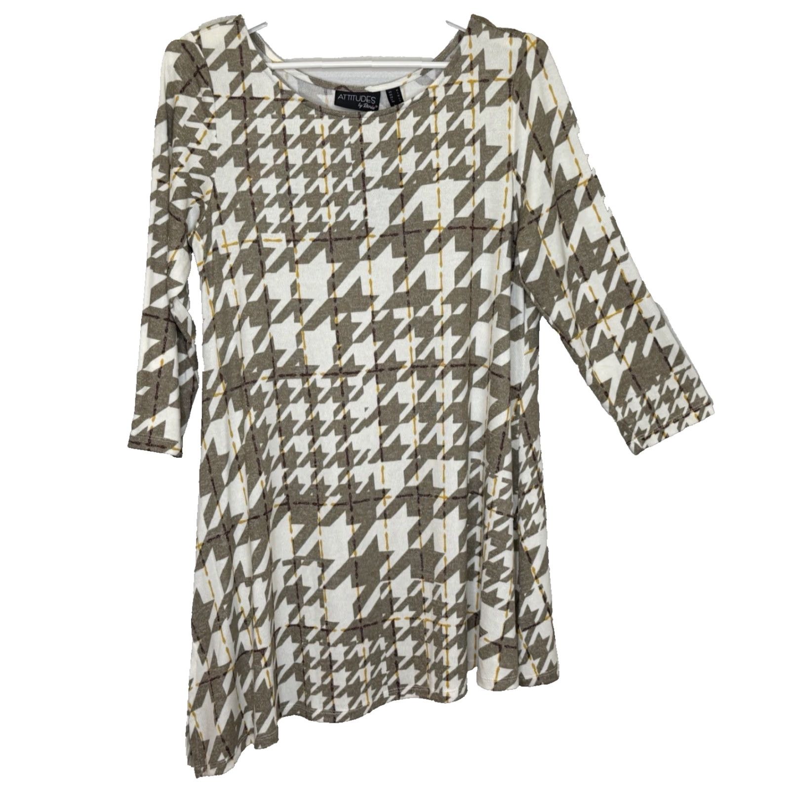 Vintage VINTAGE Attitudes by Renee Casknit Asymmetric Hem Green Houndstooth Tunic Top Women's Size Medium 3/4 Sleeve Round Neck Rayon Blend Size M / US 6-8 / IT 42-44 - 2 Thumbnail
