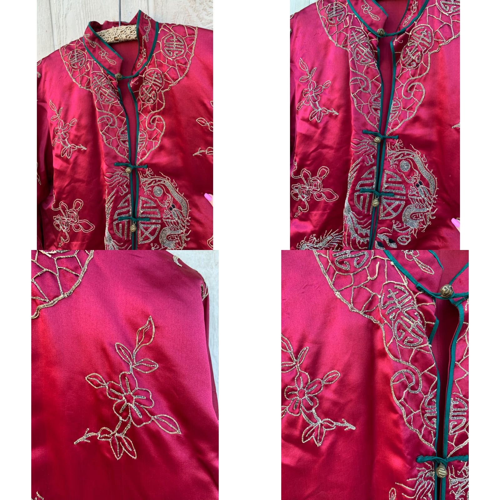 Vintage Vtg Chinese Silk Embroidered Dragon Longevity Shou Jacket Robe Mandarin Collar Jacket/string? Size ONE SIZE - 9 Thumbnail