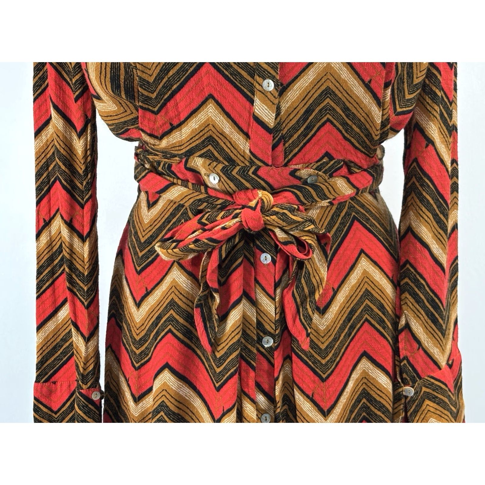 Free People Free People Chevron Shirt Dress Women L Button Front Tie Waist Boho Festival Multicolor Long Sleeve Collared Viscose Blend Short Dress Size L / US 10 / IT 46 - 6 Thumbnail