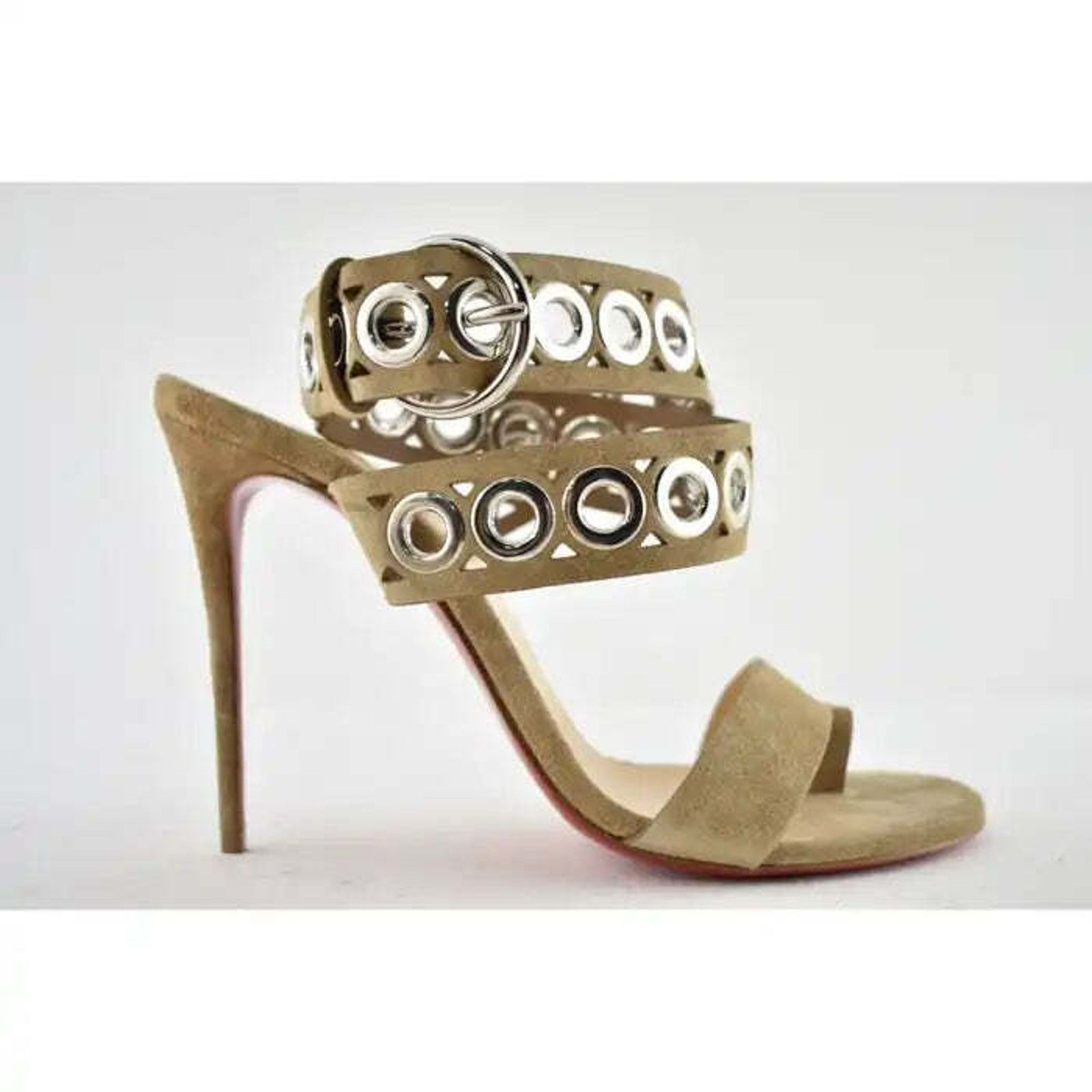 Christian Louboutin Sandaclou 100 Lionne Beige Suede Strap Sandal Heel Pump 40 Size US 10 / IT 40 - 2 Thumbnail