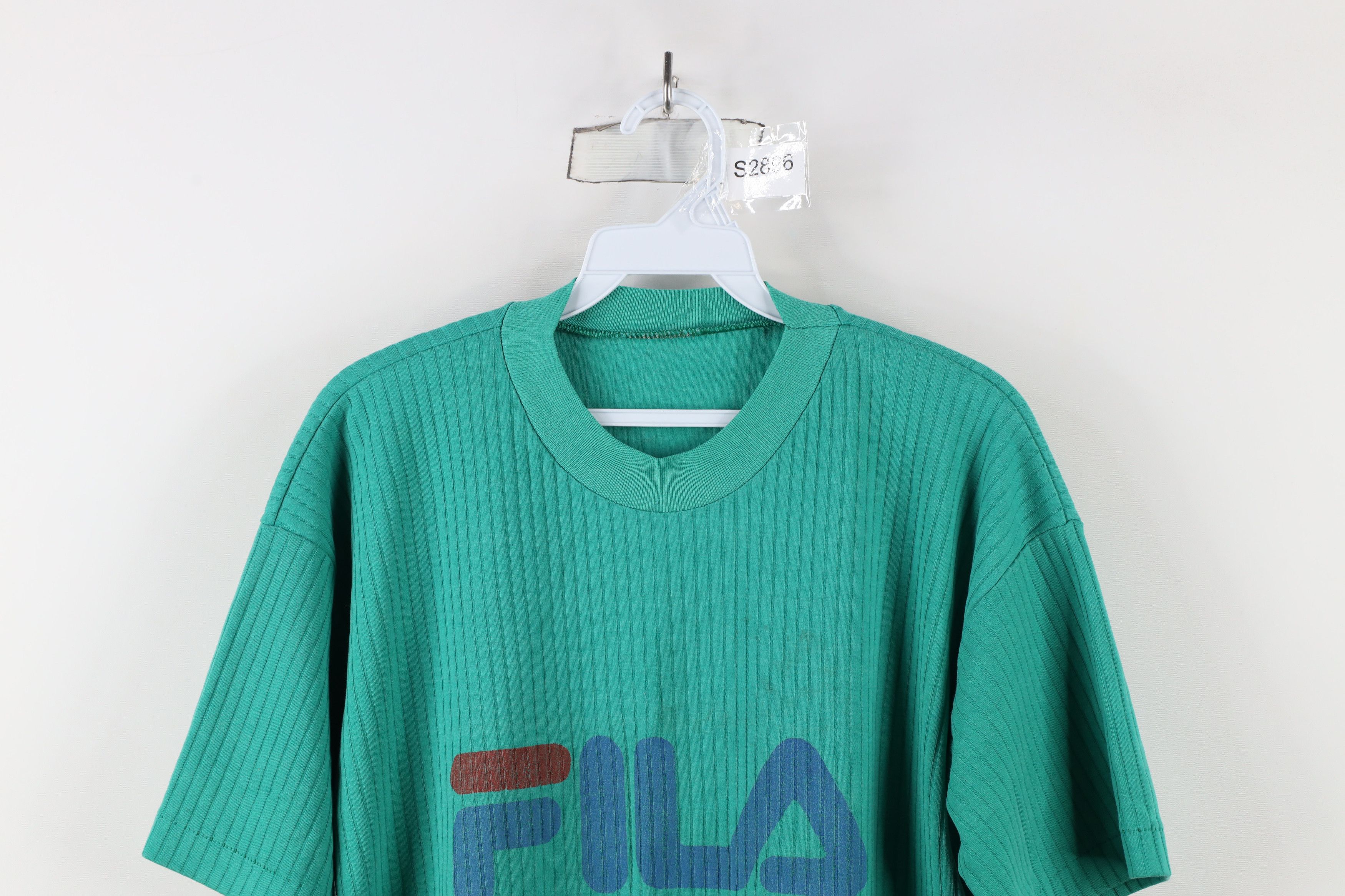 Fila × Vintage Vintage 90s Fila Spell Ribbed Knit Short Sleeve T-Shirt Teal Size US M / EU 48-50 / 2 - 2 Thumbnail