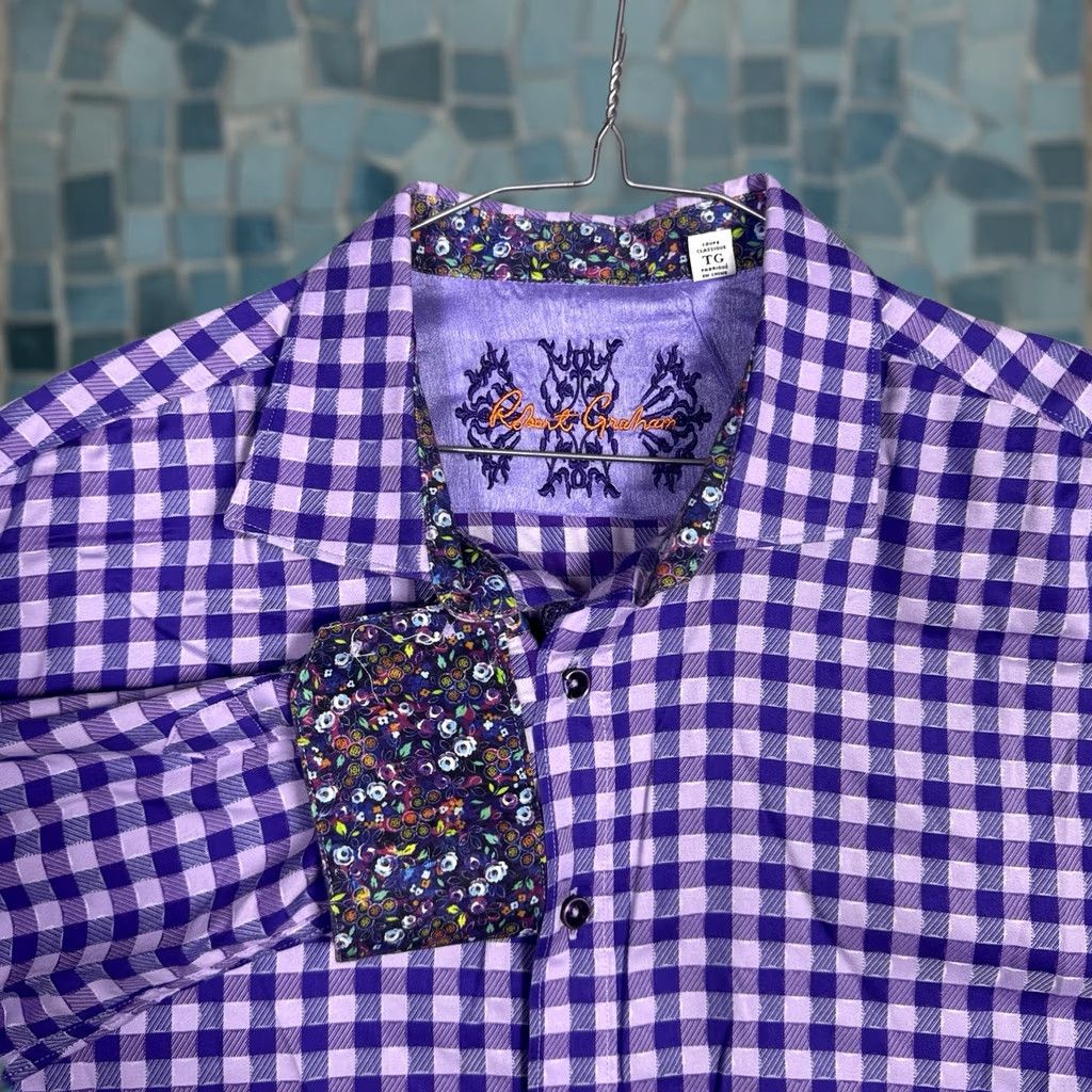 Robert Graham Robert Graham Shirt Mens XL Flip Cuff Classic Preppy Gingham Check Floral Art Size US XL / EU 56 / 4 - 1 Thumbnail