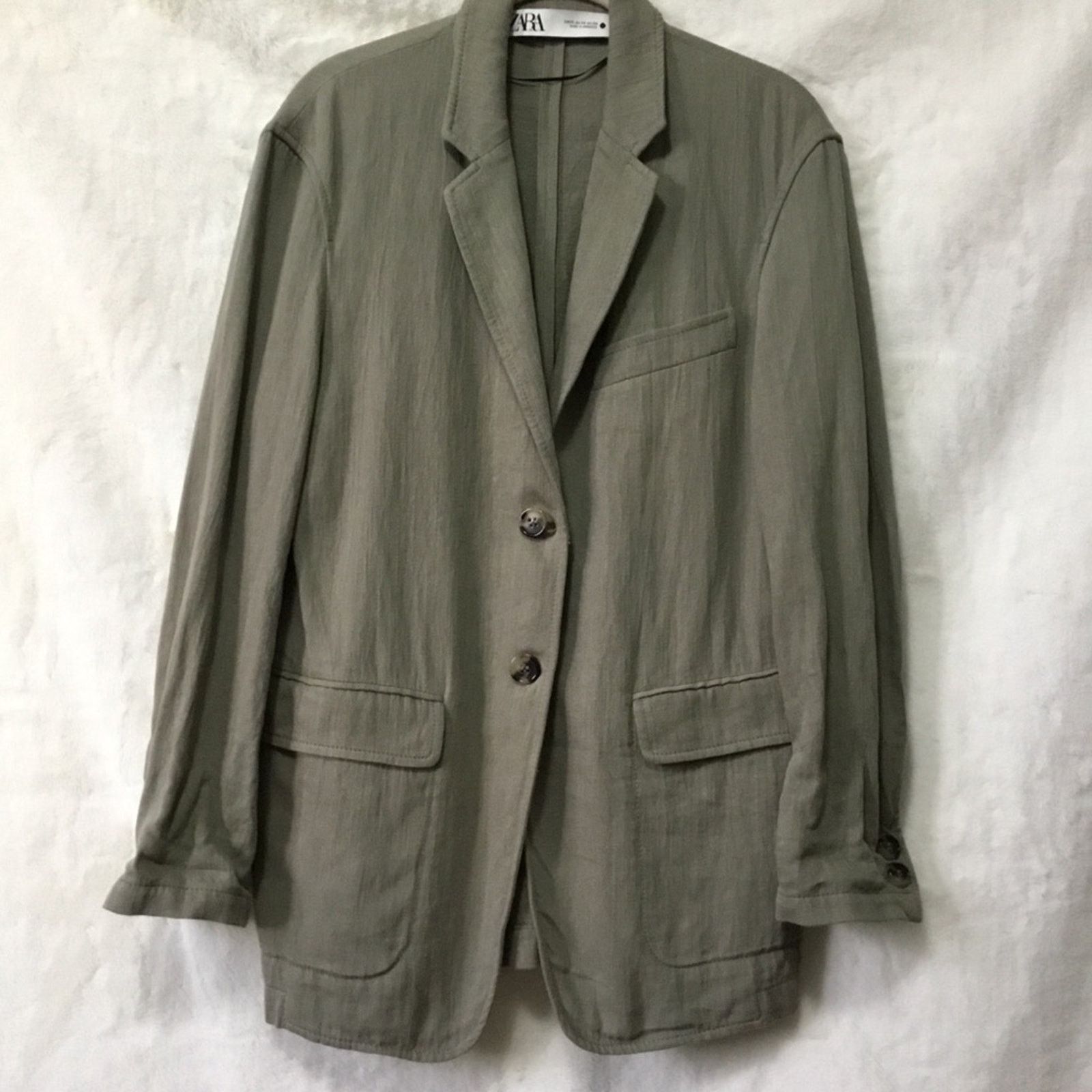 Zara Zara Olive Green Linen Blend Button Over-Sized Blazer Size XS / US 0-2 / IT 36-38 - 1 Thumbnail