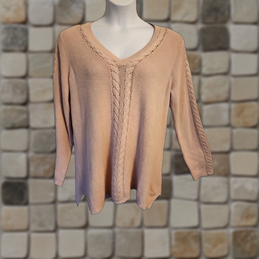 Avenue VINTAGE? No. Avenue Pink Cable-Knit Sweater Long Sleeve 2X Pullover Womens Plus Size V-Neck Knit Shirt? Size XXL / US 16-18 / IT 52-54 - 1 Thumbnail