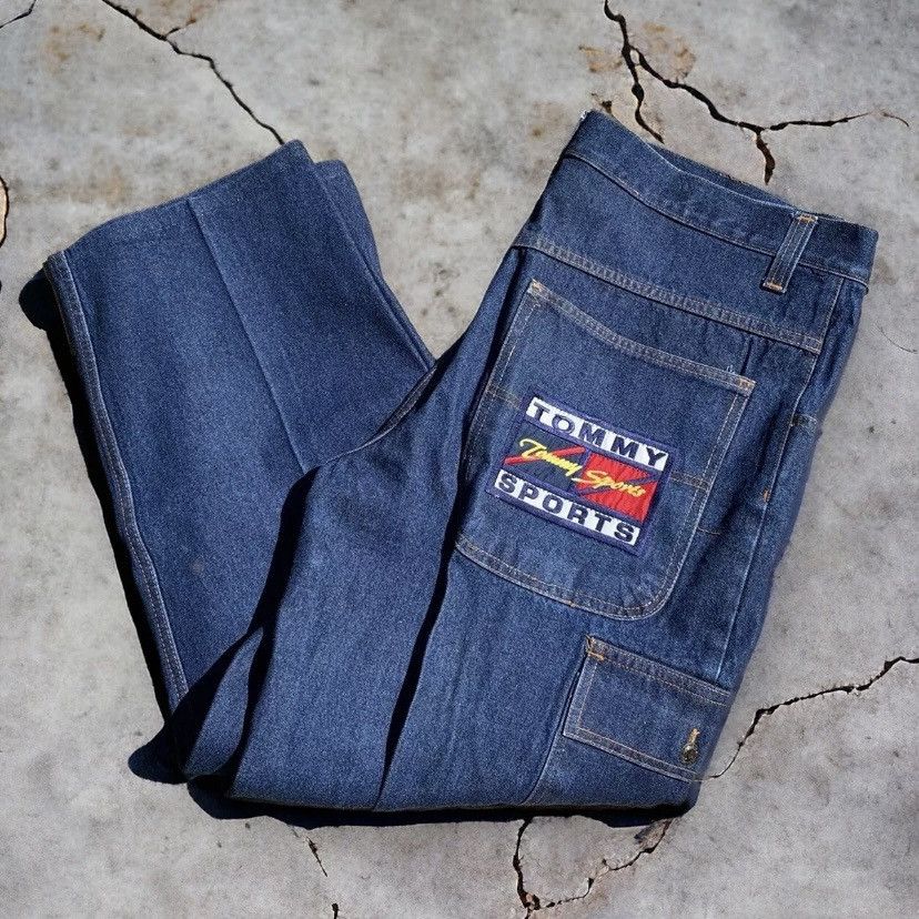 image of Vintage Tommy Sports Cargo Jeans Baggy Men 40X29 Denim Patch in Blue