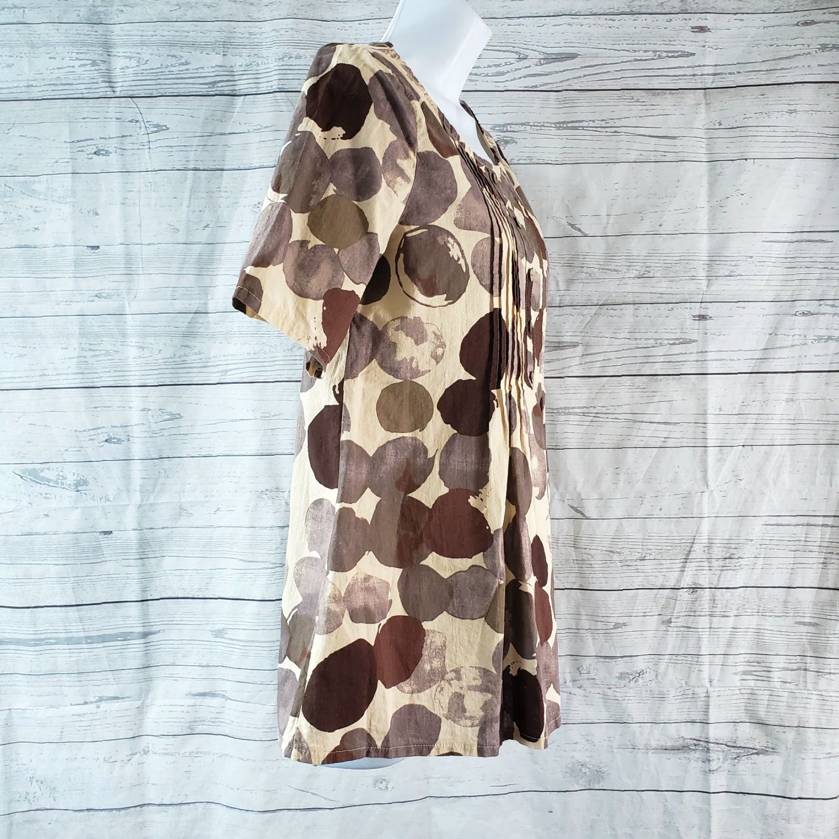 Vintage Cellabie Womens Top XS Brown Beige Short Sleeve Pleated Cotton Blend Blouse Size XS / US 0-2 / IT 36-38 - 3 Thumbnail