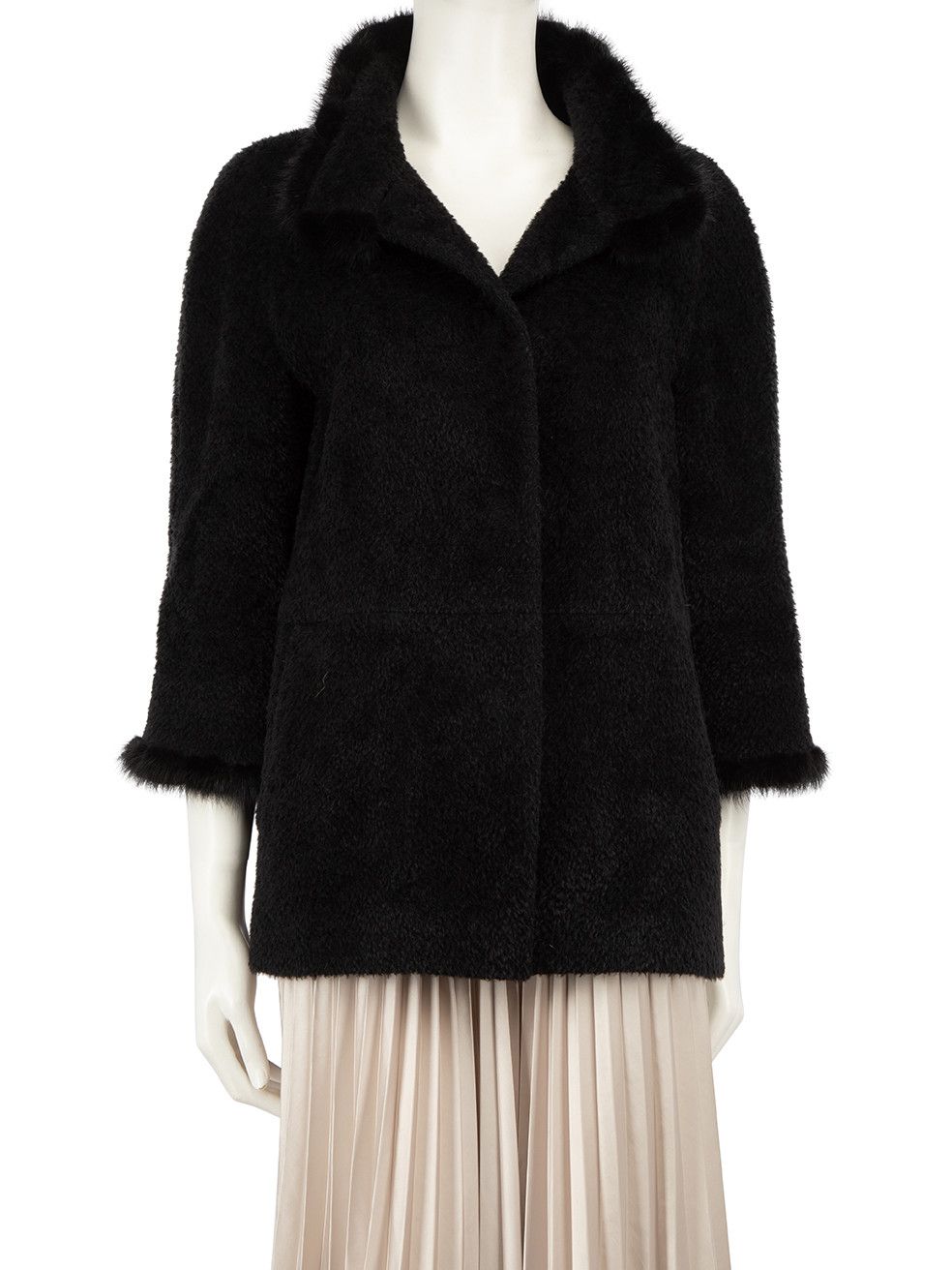 image of Cinzia Rocca Black Wool Mink Trim Coat, Women's (Size Medium)