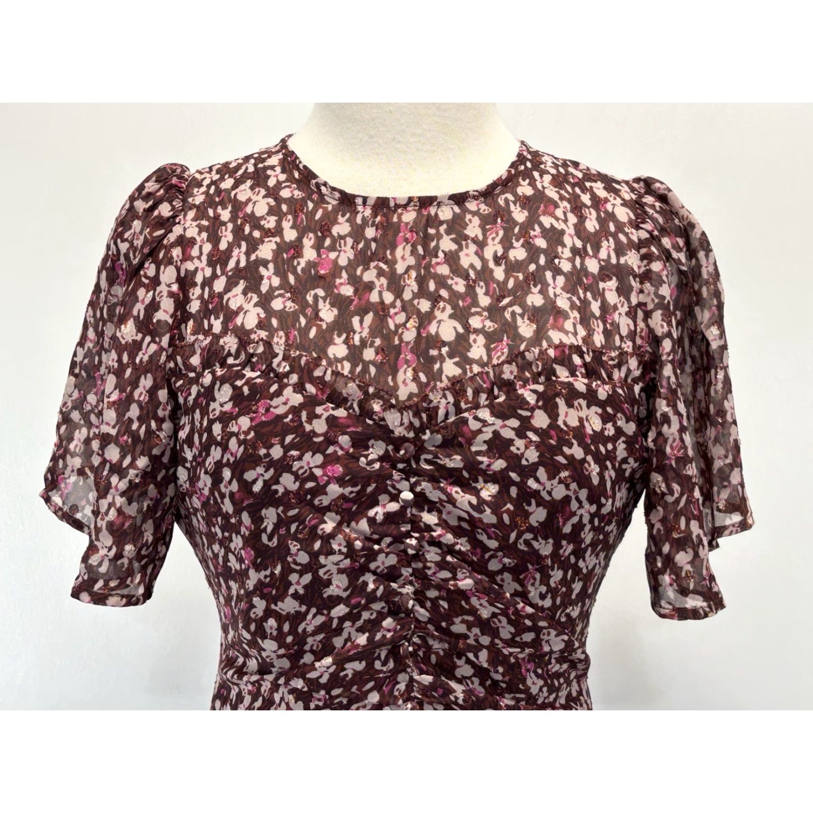 Vintage Mila Mae Floral Midi Dress Sz Small Maroon Ruched Center Cottage Core Boho NWOT! Size S / US 4 / IT 40 - 5 Thumbnail