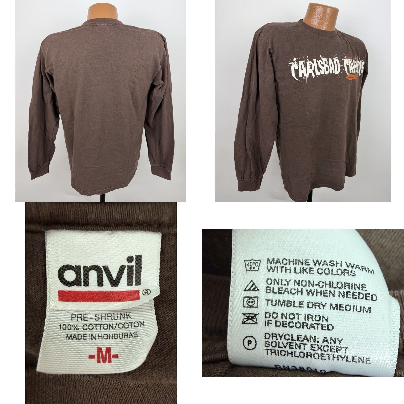 Anvil VINTAGE Carlsbad Caverns Shirt Mens Medium Brown Long Sleeve Tee 90s Grunge Retro NM New Mexico Anvil Cotton T-Shirt Mens Size US M / EU 48-50 / 2 - 8 Thumbnail