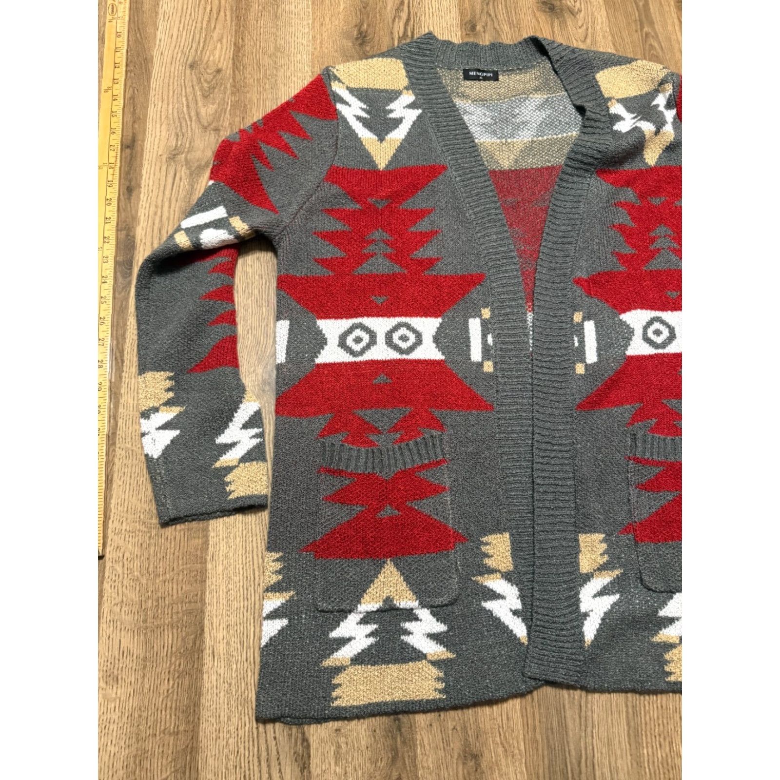 Vintage Mengpipi Sweater Women's XL Cardigan Open Long Sleeve Gray Red Brown Knit Size XL / US 12-14 / IT 48-50 - 3 Thumbnail