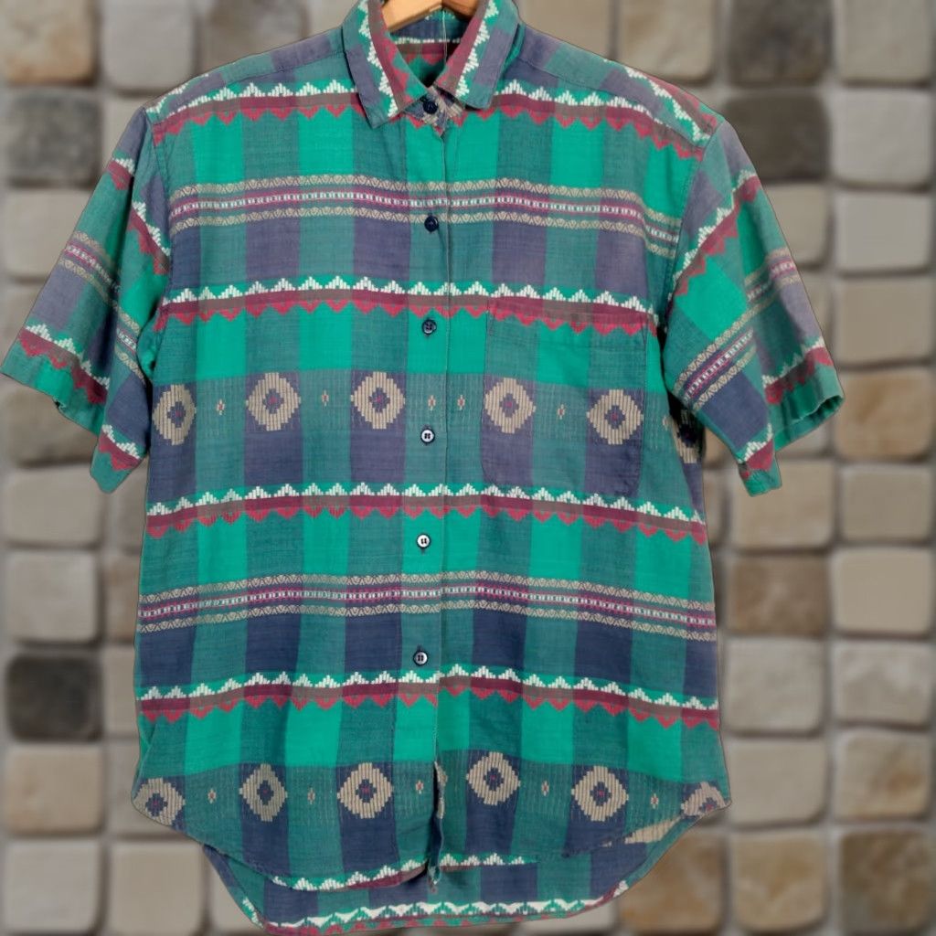 Vintage VINTAGE 1990s Southwest Blouse Shirt Women S Blue Geometric Short Sleeve Button Collar Cotton Hand Washable Size S / US 4 / IT 40 - 1 Thumbnail