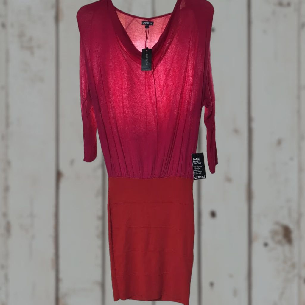 Express Express Women's Midi Dress Sheer Upper Colorblock 3/4 Sleeve Magenta & Red Size M NWT Size M / US 6-8 / IT 42-44 - 1 Thumbnail
