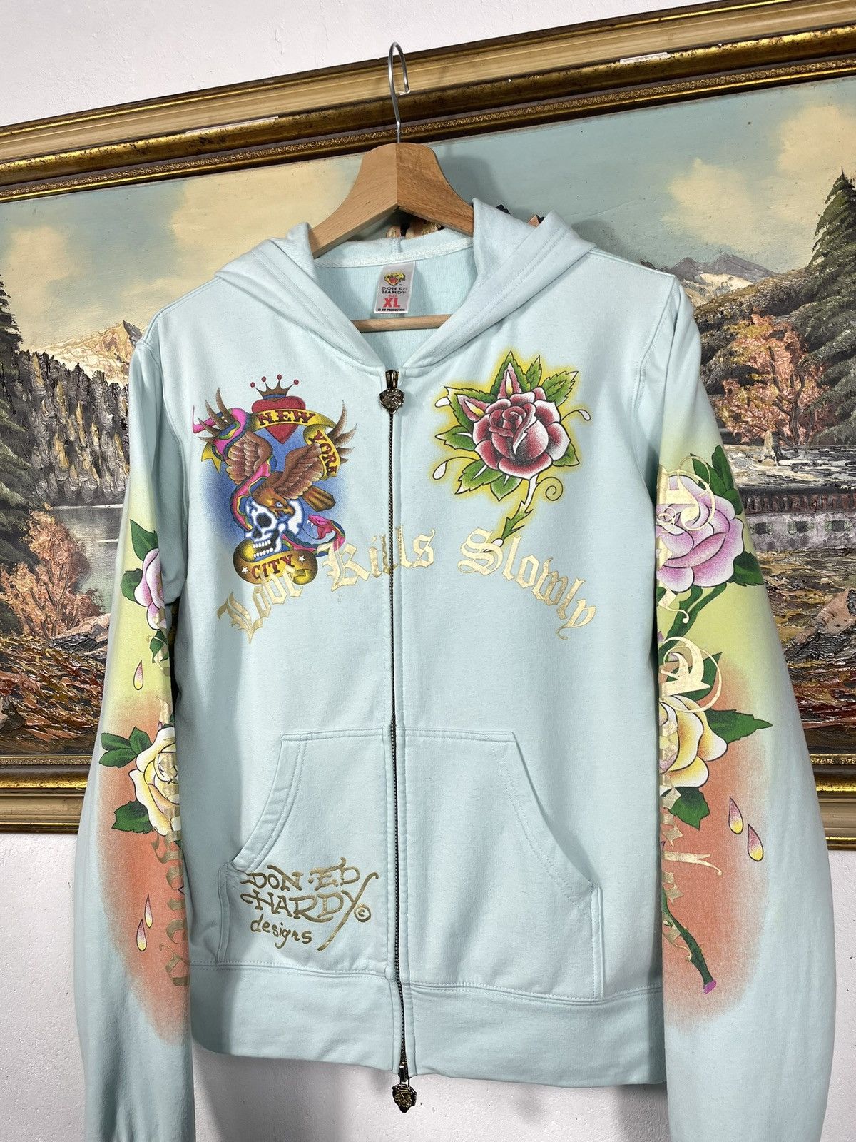 Christian Audigier × Ed Hardy × Vintage Ed Hardy Retro 00s Hoodie With Crystals Affliction Grunge Size US S / EU 44-46 / 1 - 5 Thumbnail