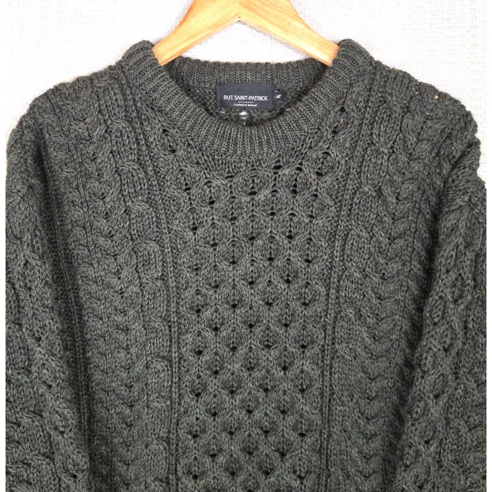 Vintage Rue Saint Patrick Mens XL Open Fisherman Knit Crew Neck Sweater 100% Wool Forest Green Size US XL / EU 56 / 4 - 2 Thumbnail
