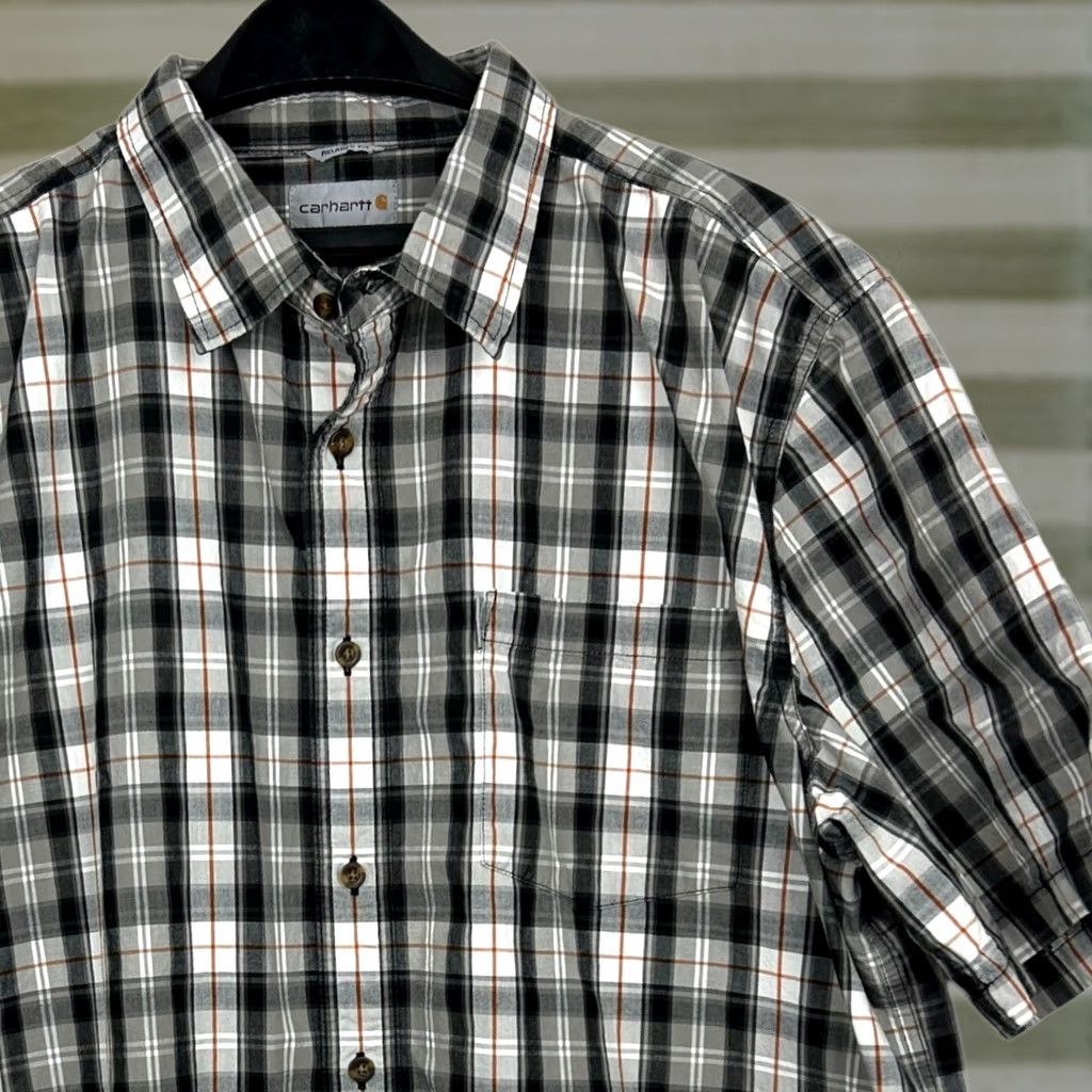 Carhartt Shirt Men's 2XL Black Plaid Short Sleeve Button Up Cotton Mid-Weight Relaxed Fit Collared Button-Down, Men's (Size Xxl)