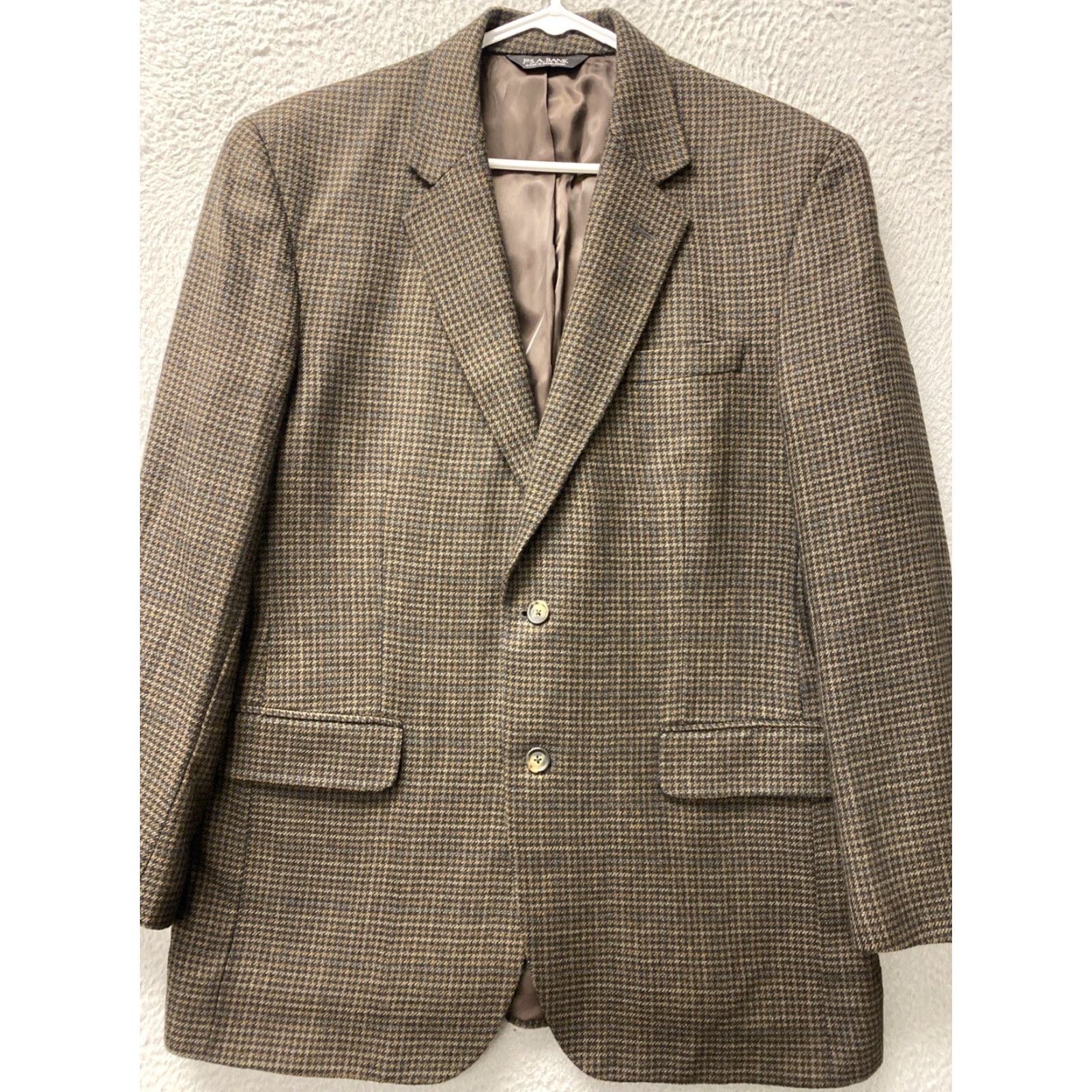 Vintage Jos A Bank Blazer Mens 42 Brown Houndstooth Wool - 100% Wool - Regular Fit - Notch Lapel - Single-Breasted 2-Button Size 42R - 2 Thumbnail