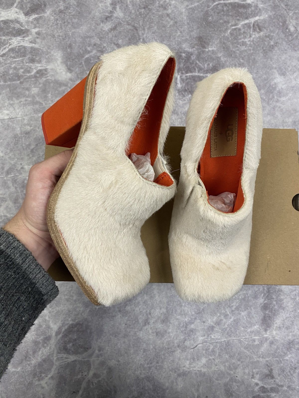 Eckhaus Latta Ugg x Eckhaus Latta Beige Fur Orange Cone Heels Mules Size US 7 / IT 37 - 1 Thumbnail