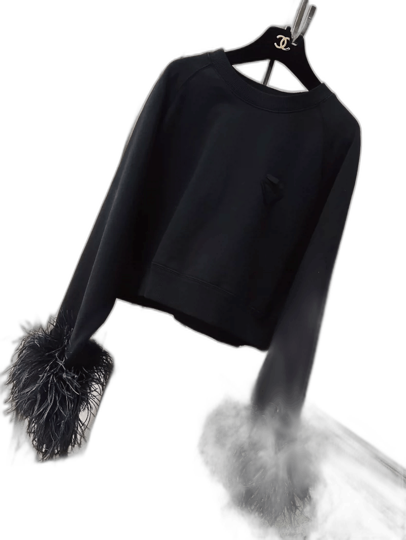 Prada Black Sweatshirt with Ostrich Feather Cuffs Size L / US 10 / IT 46 - 1 Thumbnail