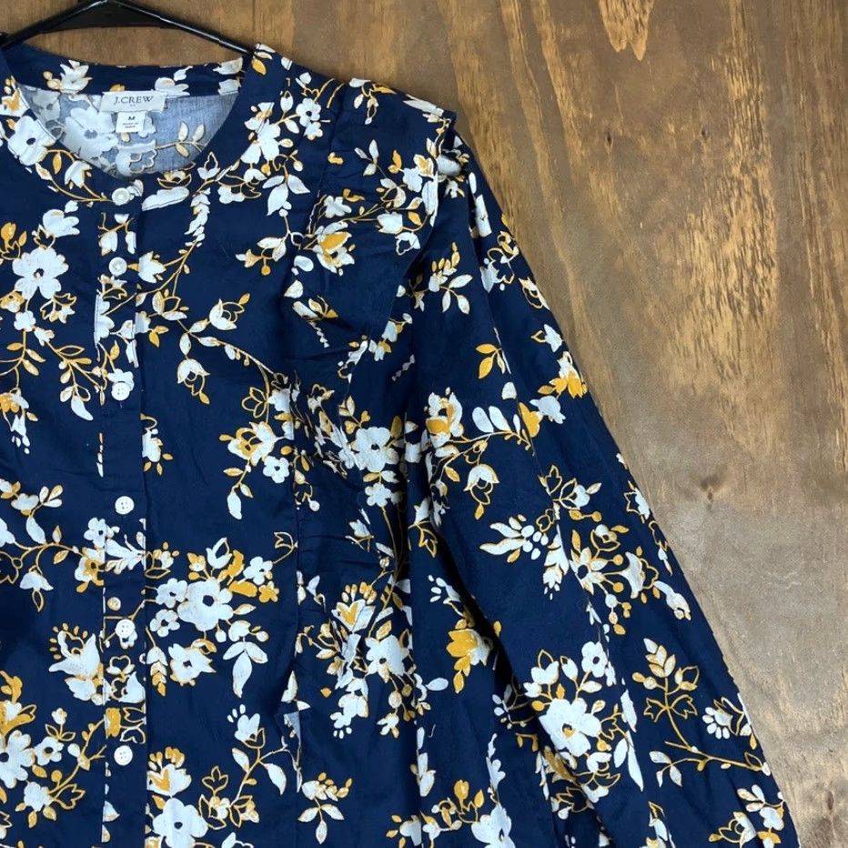 J.Crew J. Crew Blouse Womens Blue Multicolored Floral Ruffle Button Down Long Sleeve M Shirt Size M / US 6-8 / IT 42-44 - 5 Thumbnail
