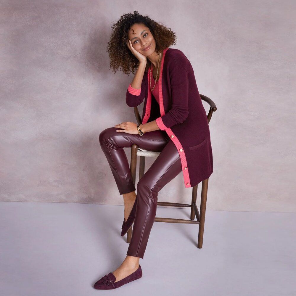 Talbots New Talbots V-Neck Tipped Cotton Burgundy Cardigan Size L Size L / US 10 / IT 46 - 1 Thumbnail