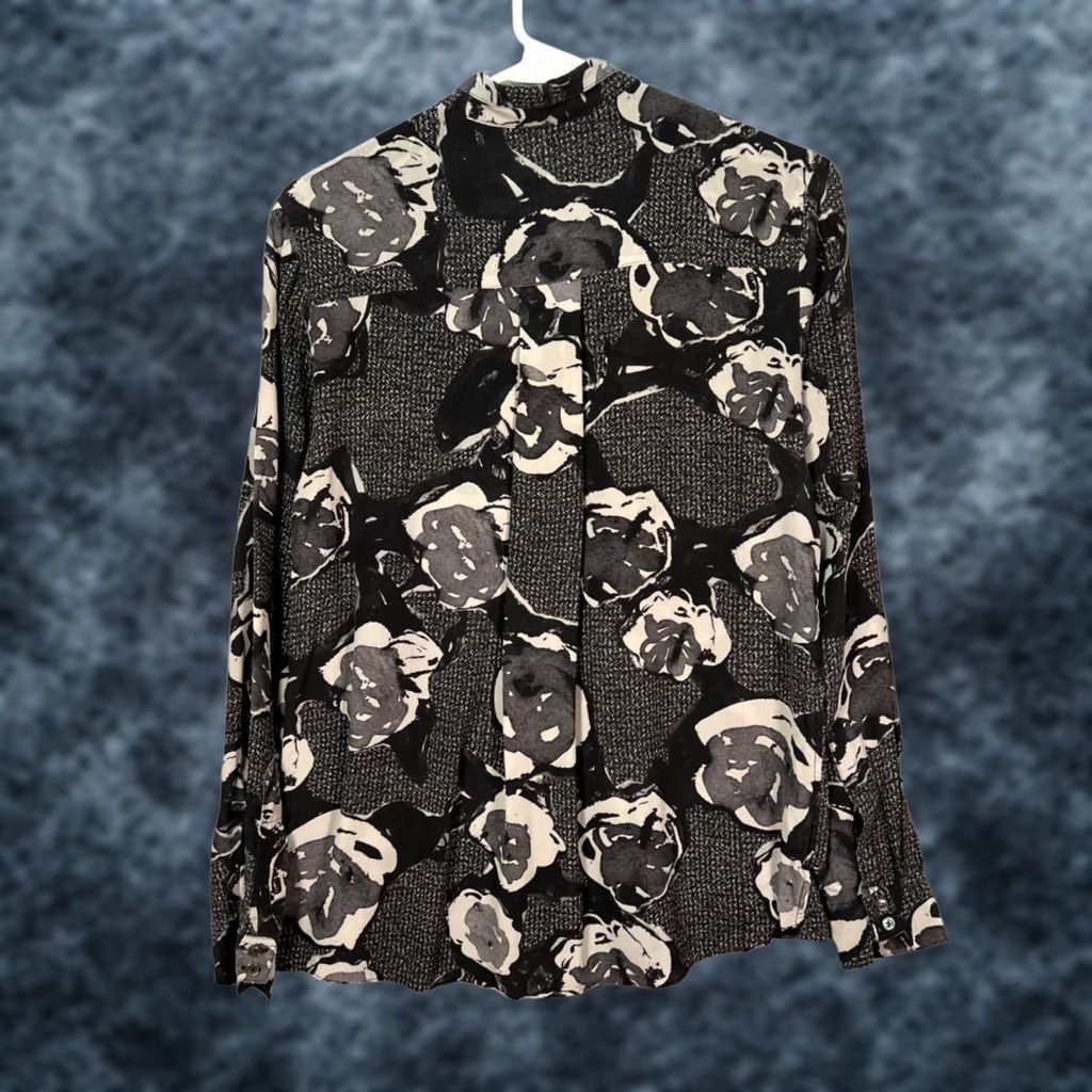 Allsaints All Saints Womens Button-Up Long Sleeve Blouse Floral Black & White Silk Mock Neck Size M Colored Image Measurements Size M / US 6-8 / IT 42-44 - 1 Thumbnail