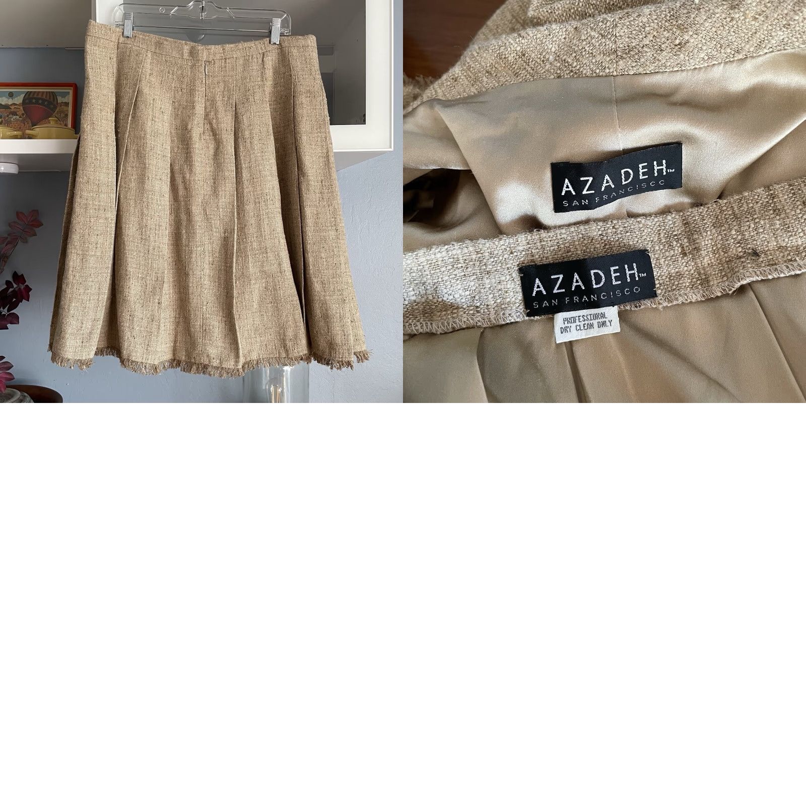 Vintage AZADEH San Francisco Tweed Jacket & Pleated Skirt Suit 2 pc Fringe Size XL 12 Women's Wool Blend Beige Tw​eed Skirt Suit Women Mens Size 40" / US 18 - 8 Thumbnail