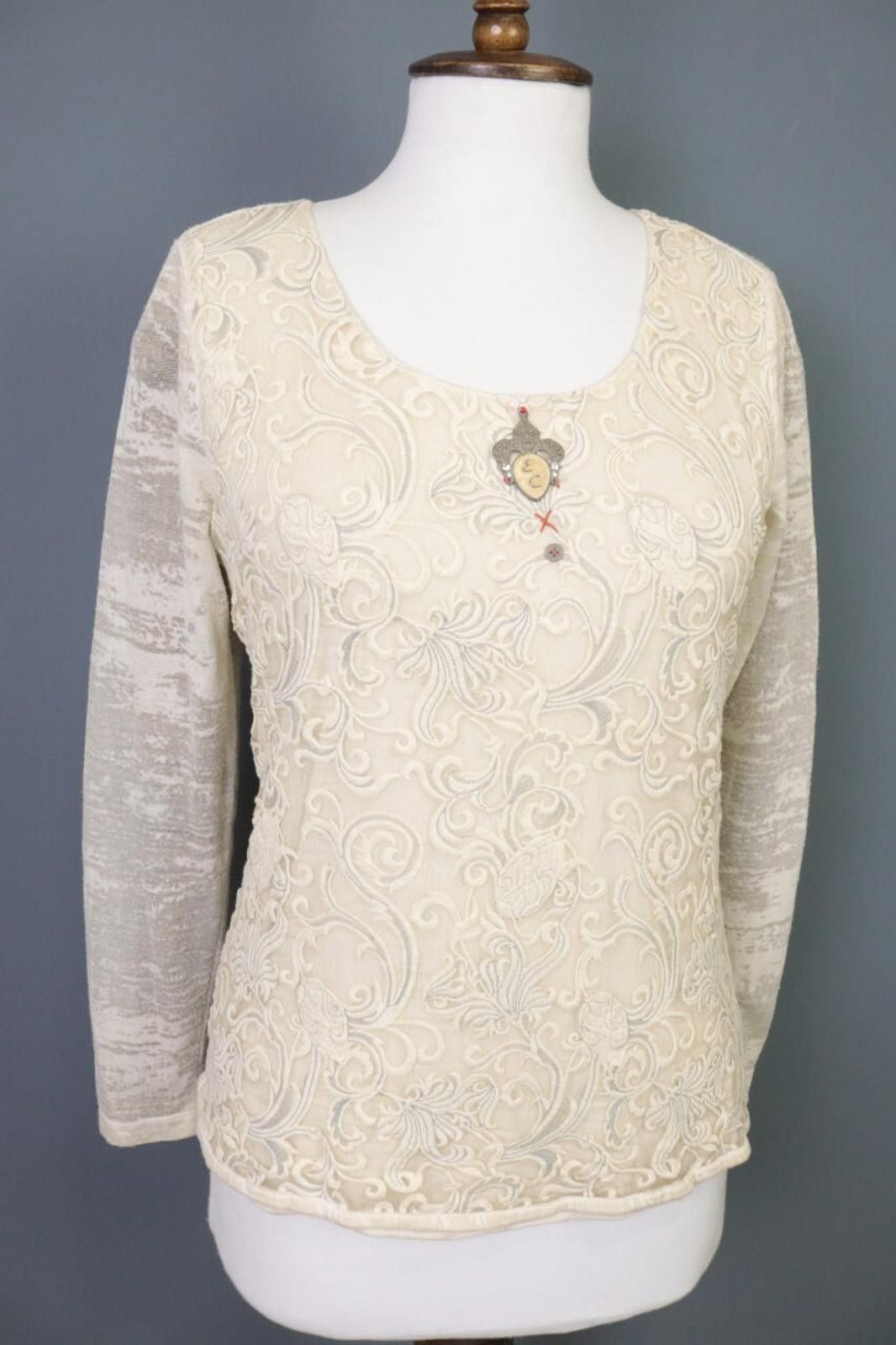 Designer Elisa Cavaletti Sono Italiano Beige Jasquard Blouse Top Size M / US 6-8 / IT 42-44 - 6 Thumbnail