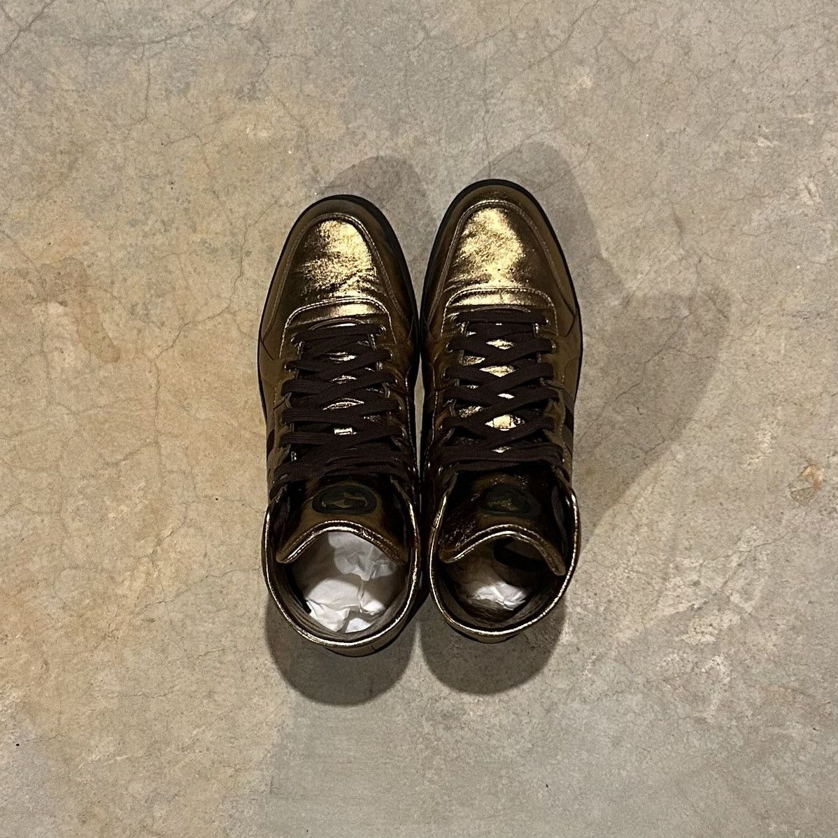 Designer × Gucci Gucci Nappa Silk Metallic Gold Web Stripe High Top Sneakers Size US 13 / EU 46 - 16 Thumbnail
