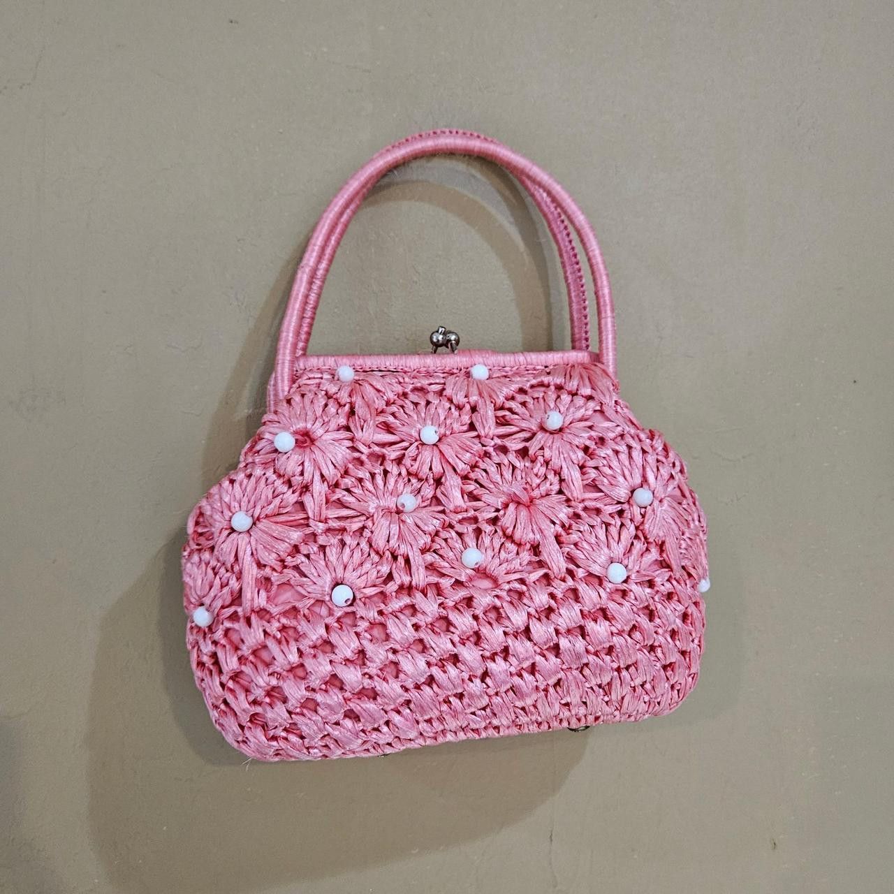 Vintage 50s 60s cottagecore coquette pink white raffia handbag Size ONE SIZE - 2 Thumbnail