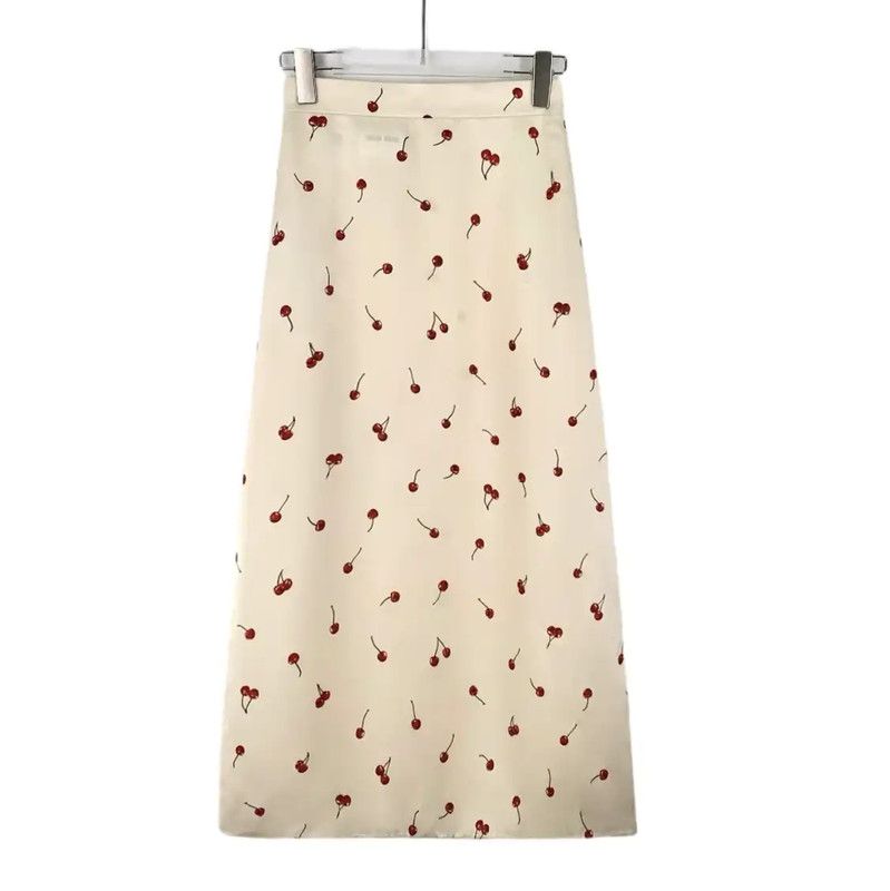Miu Miu Beige Cherry Print Midi Skirt 0089