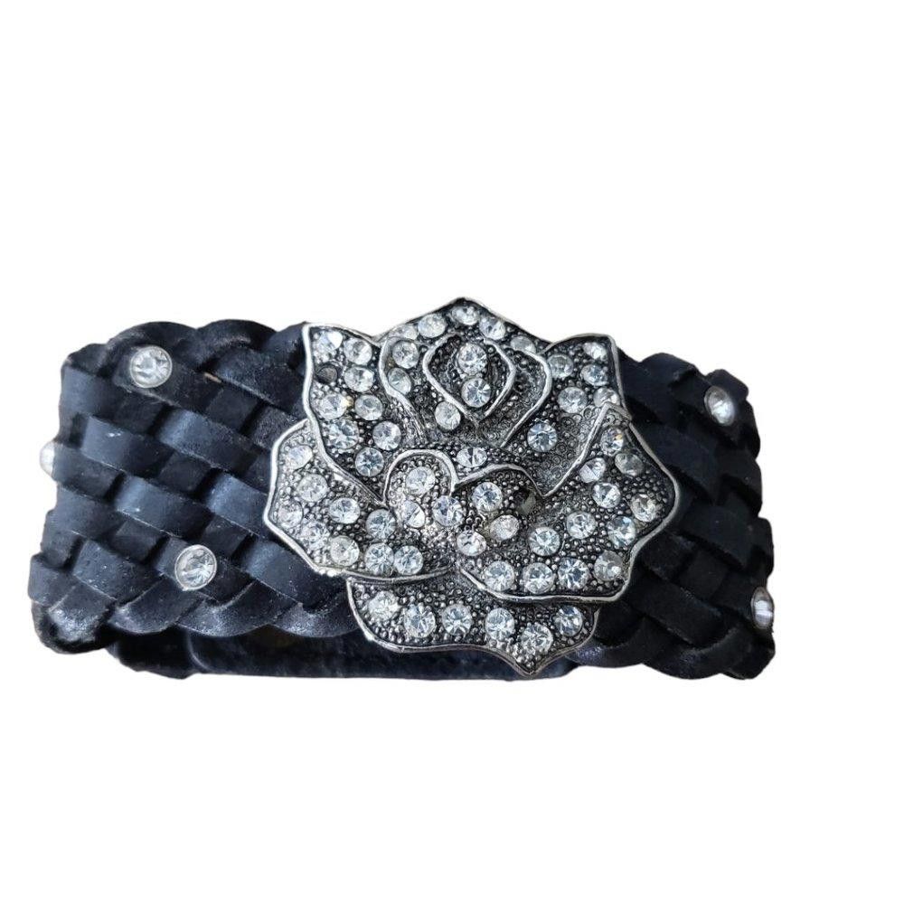 Designer Rhinestone & Weaved Leather Rose Cuff Black Size ONE SIZE - 1 Thumbnail