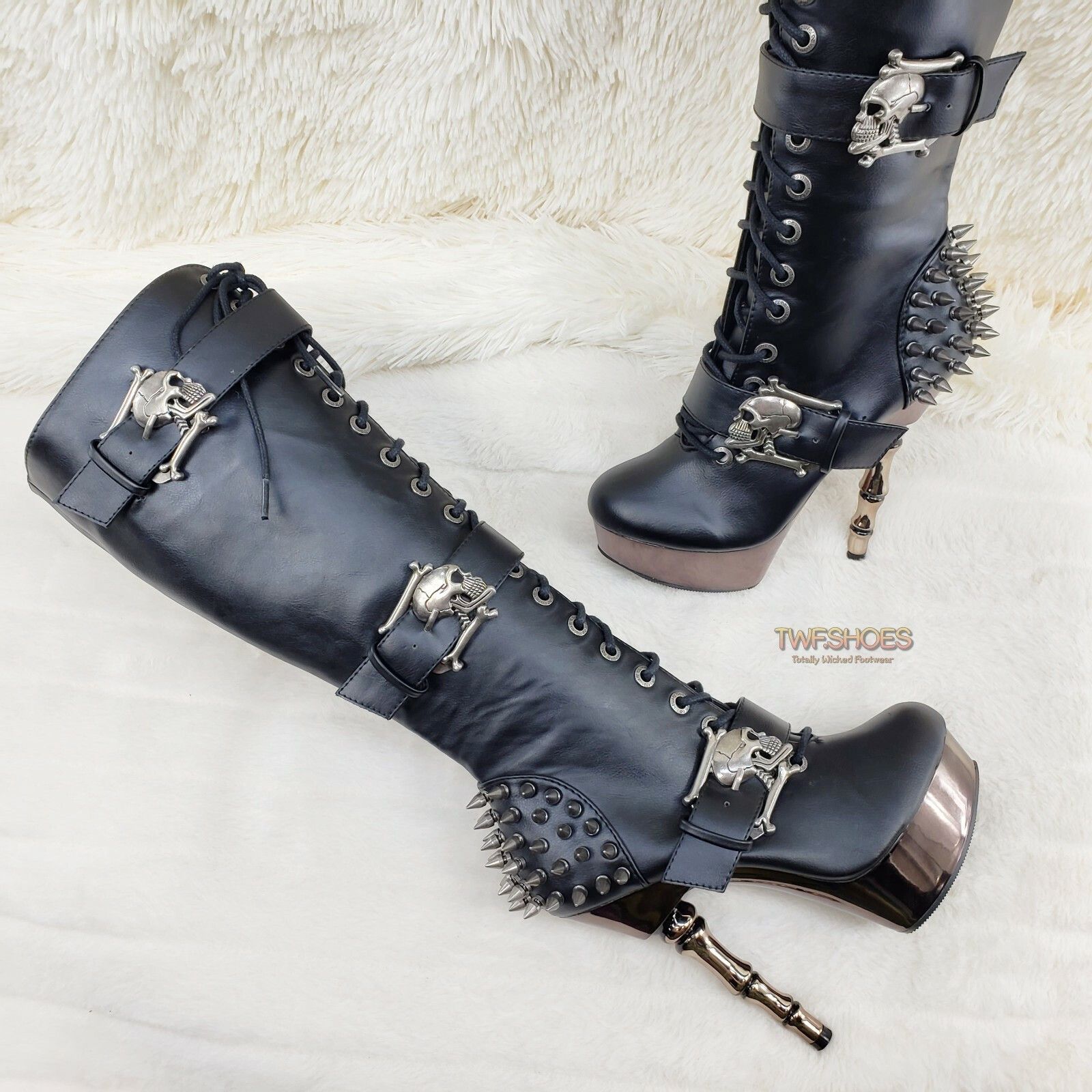 Demonia Cult DEMONIA Muerto Chrome Bone High Heel Spiked Skull Buckle Lac Size US 7 / IT 37 - 2 Thumbnail