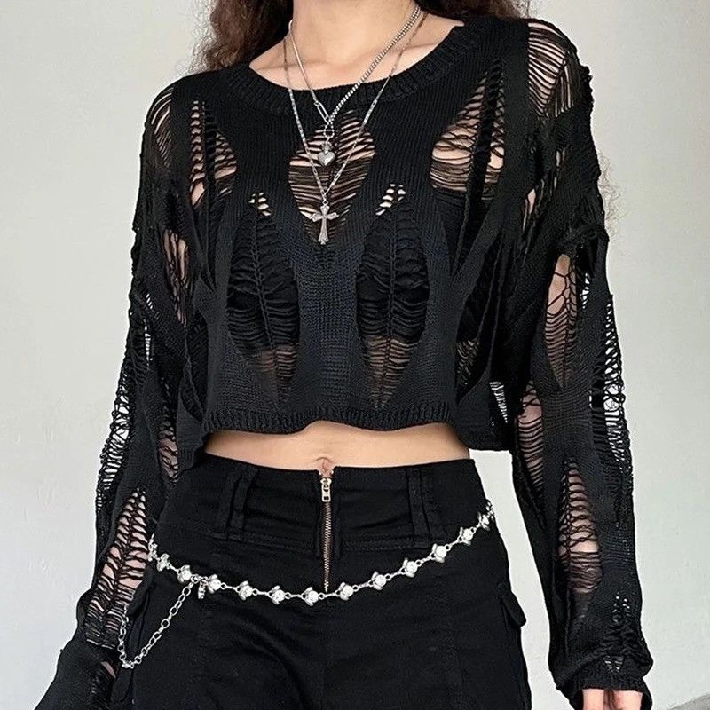 Vintage Hollow Out Y2K T-Shirts Batwing Sleeve Knitted Top Size ONE SIZE - 1 Thumbnail