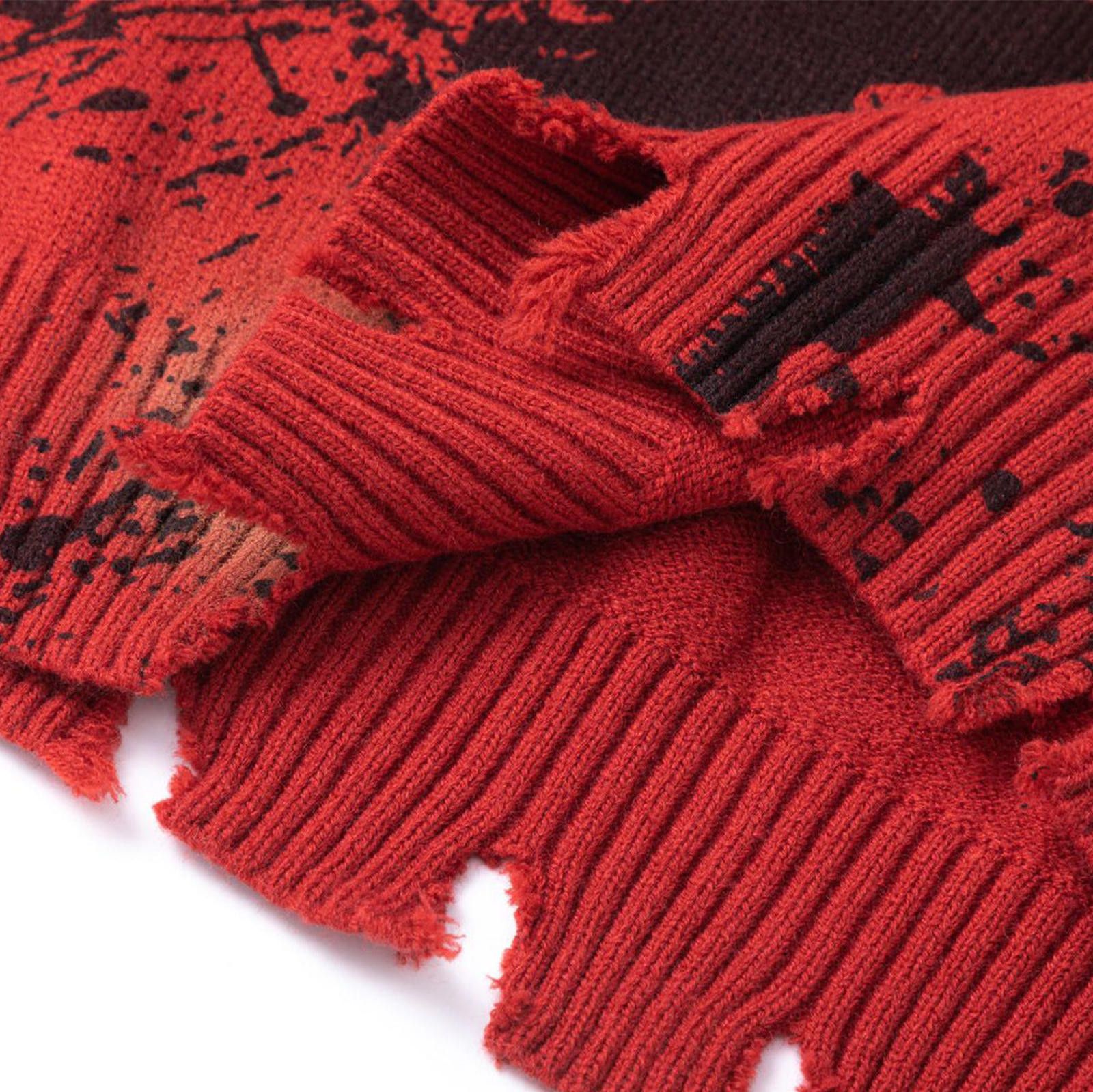 Red Distressed Knit Sweater, Oversized Graphic Pullover