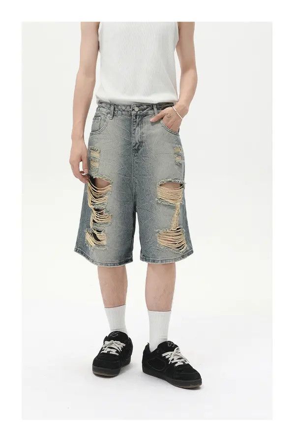 Japanese Brand Jun Men's retro distressed straight punk washed denim shorts Size US 32 / EU 48 - 2 Thumbnail